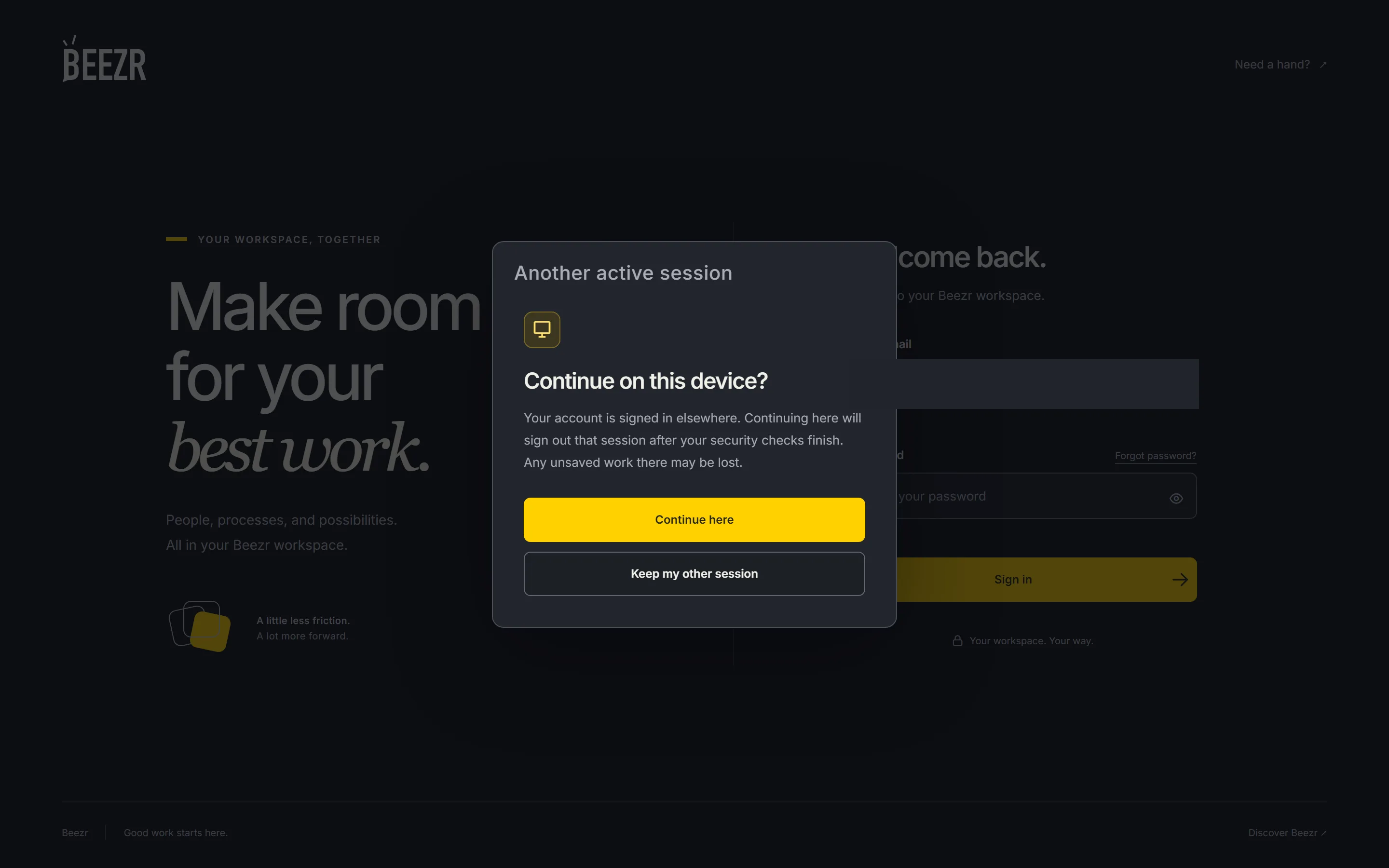 The Continue on this device dialog with the buttons Continue here and Keep my other session.