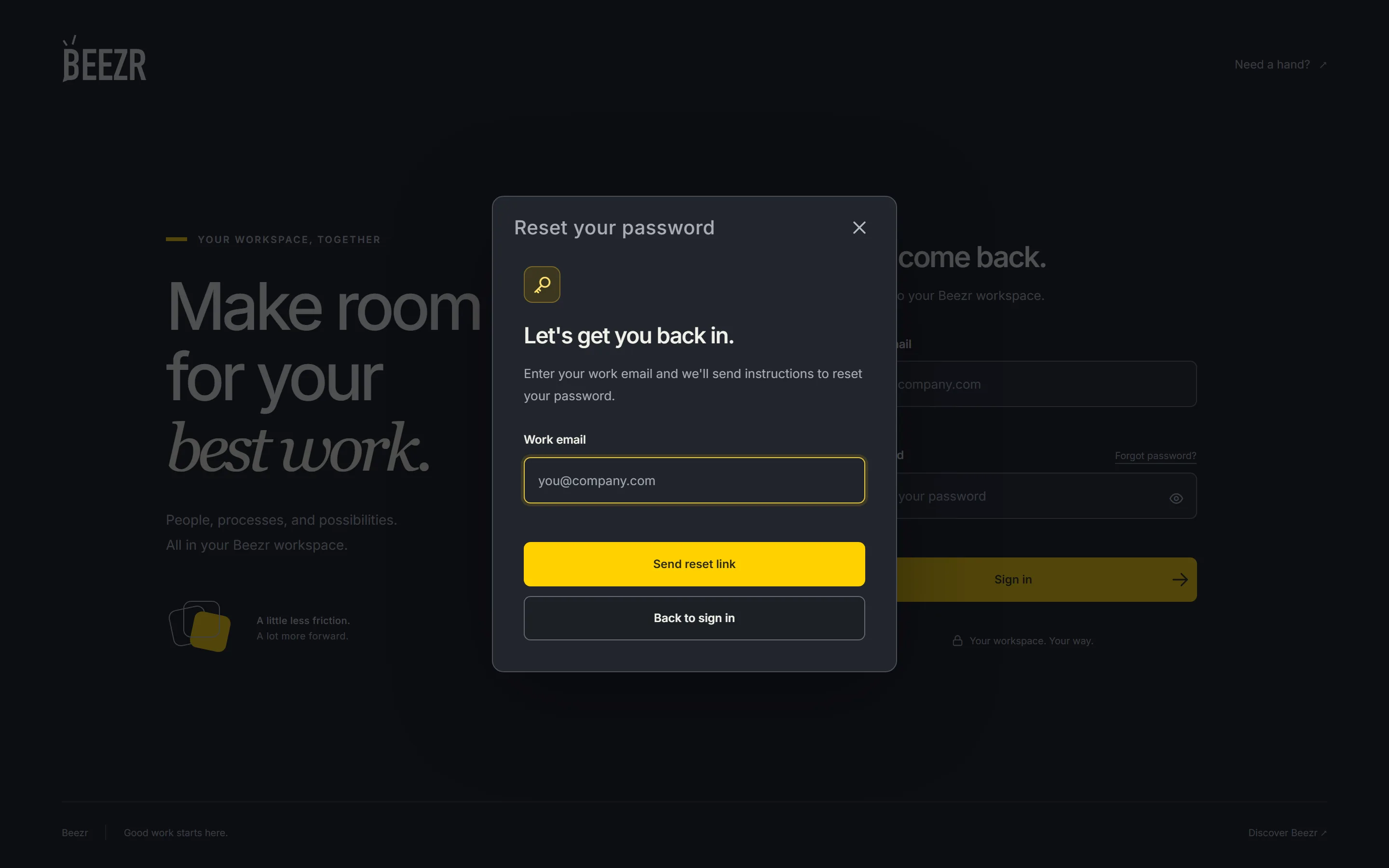 The Reset your password prompt over the sign-in page, with the Work email field and the Send reset link button.