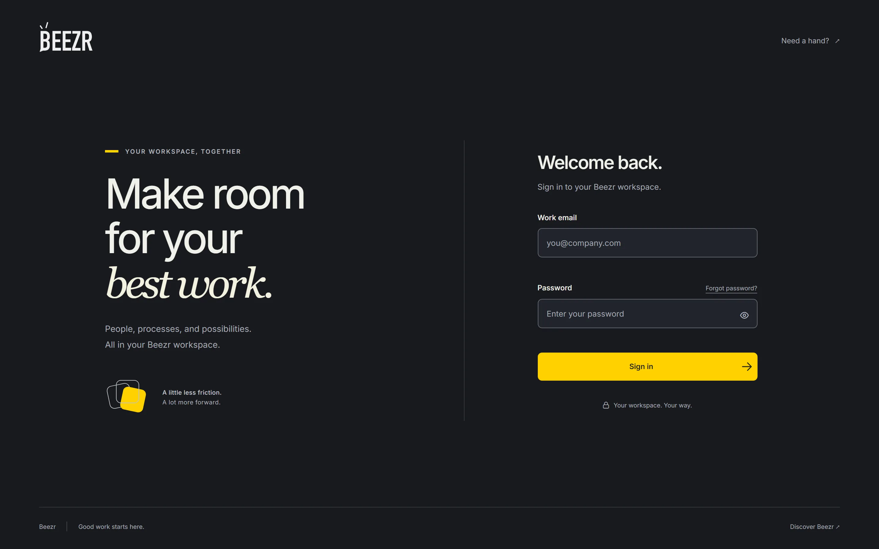 The Beezr sign-in page with the Work email and Password fields, the Forgot password? link and the Sign in button.