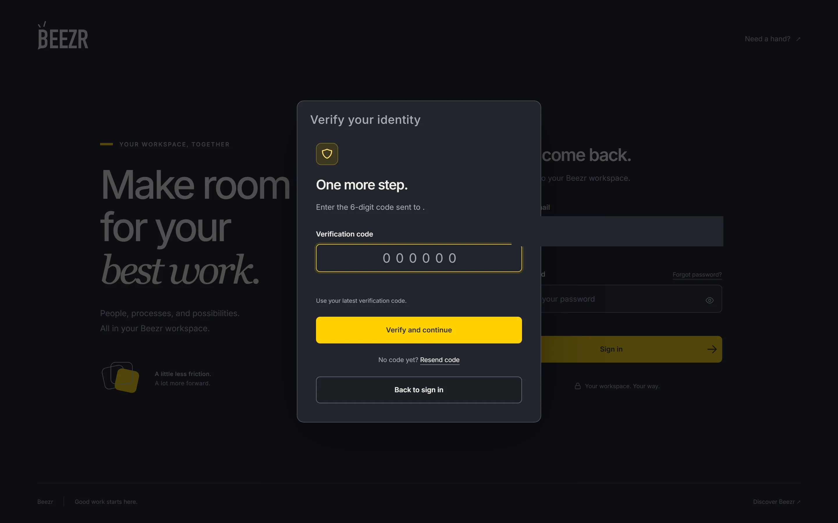 The Verify your identity dialog over the sign-in page, with a field for the 6-digit verification code and the Verify and continue button.