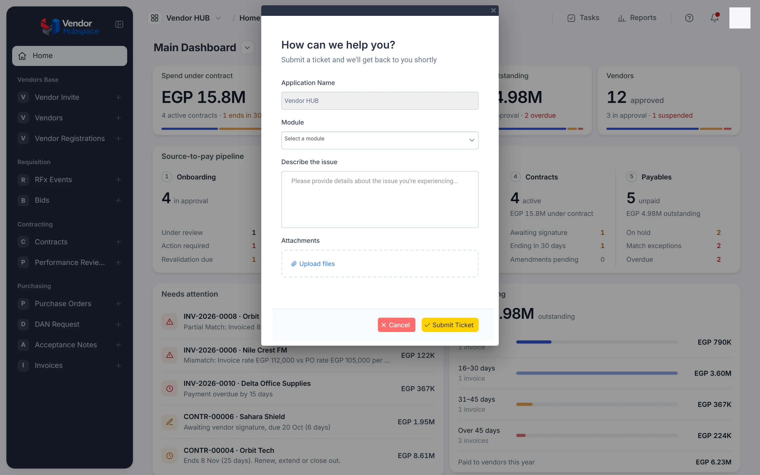 The support ticket window with a filled-in Application name, a Module menu, a large box to describe the issue, an Attachments upload button, and Cancel and submit buttons.
