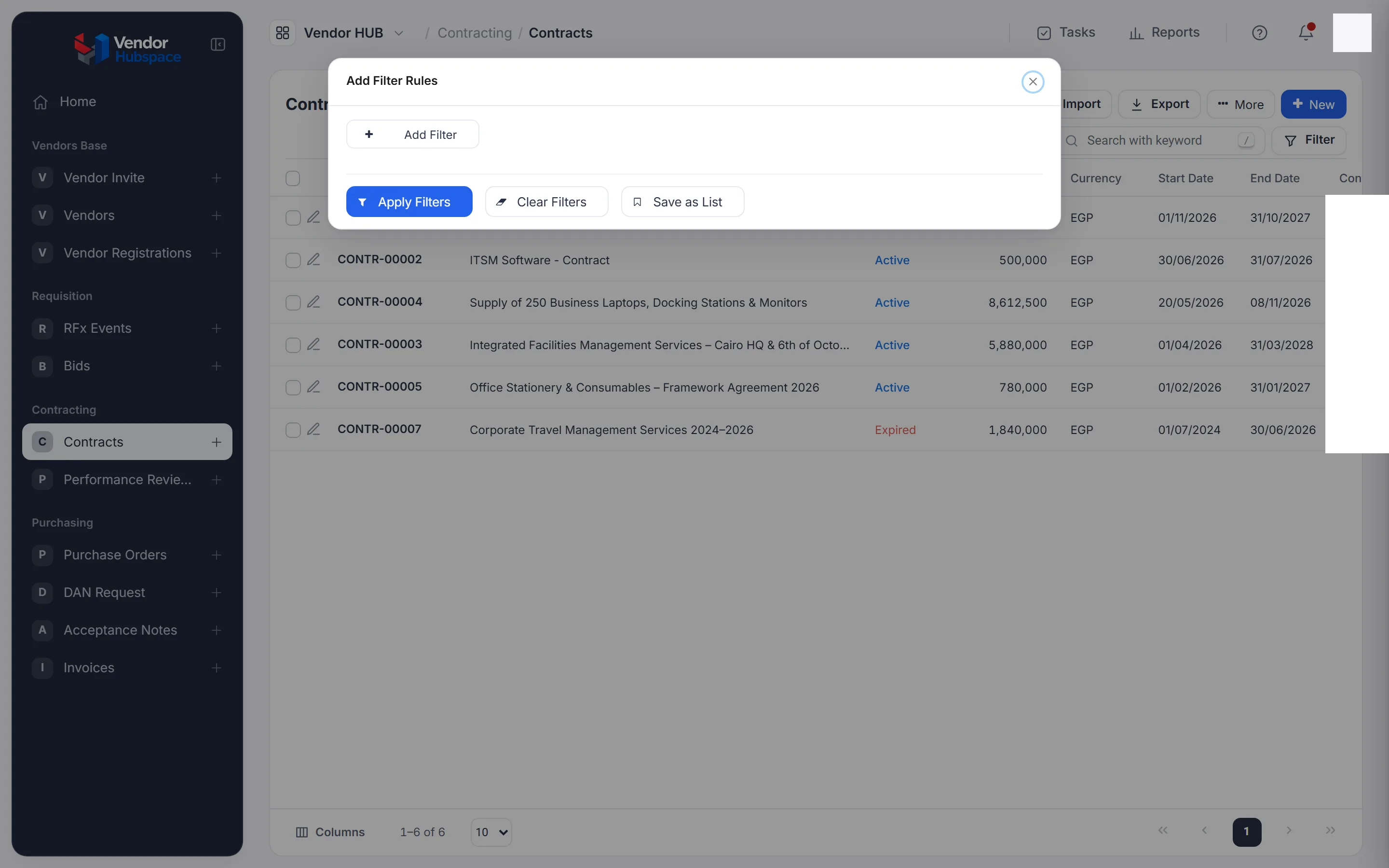 The Add Filter Rules window over the Contracts list, with one rule that reads Where, Status, Is Equal, Active, and the buttons Apply Filters, Clear Filters and Save as List.