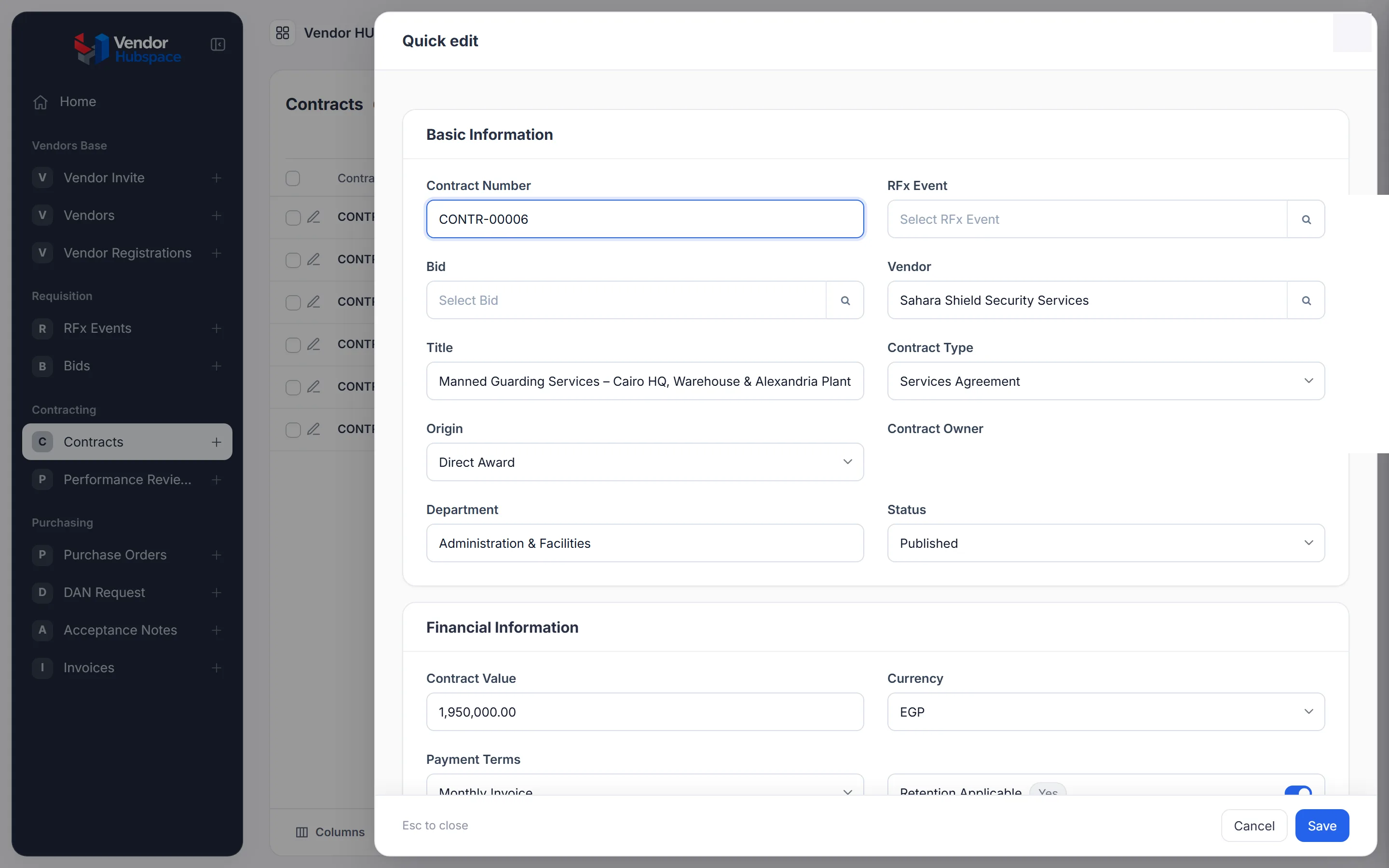 The Quick edit panel on the right of the Contracts list, with the contract's fields and the Cancel and Save buttons.
