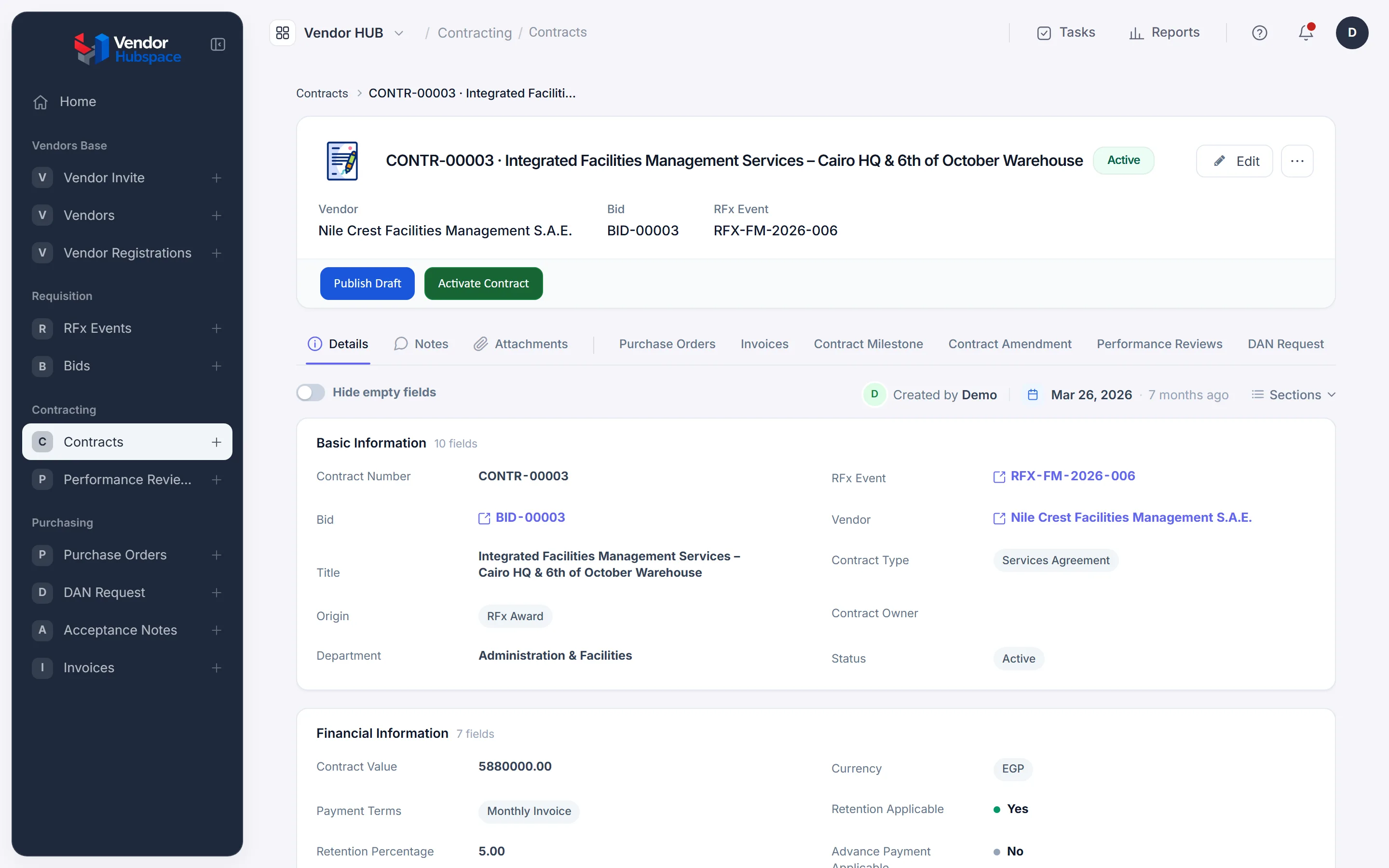 The page of contract CONTR-00003: title and status, the facts Vendor, Bid and RFx Event, the buttons Publish Draft and Activate Contract, then the tabs and the Basic Information section.