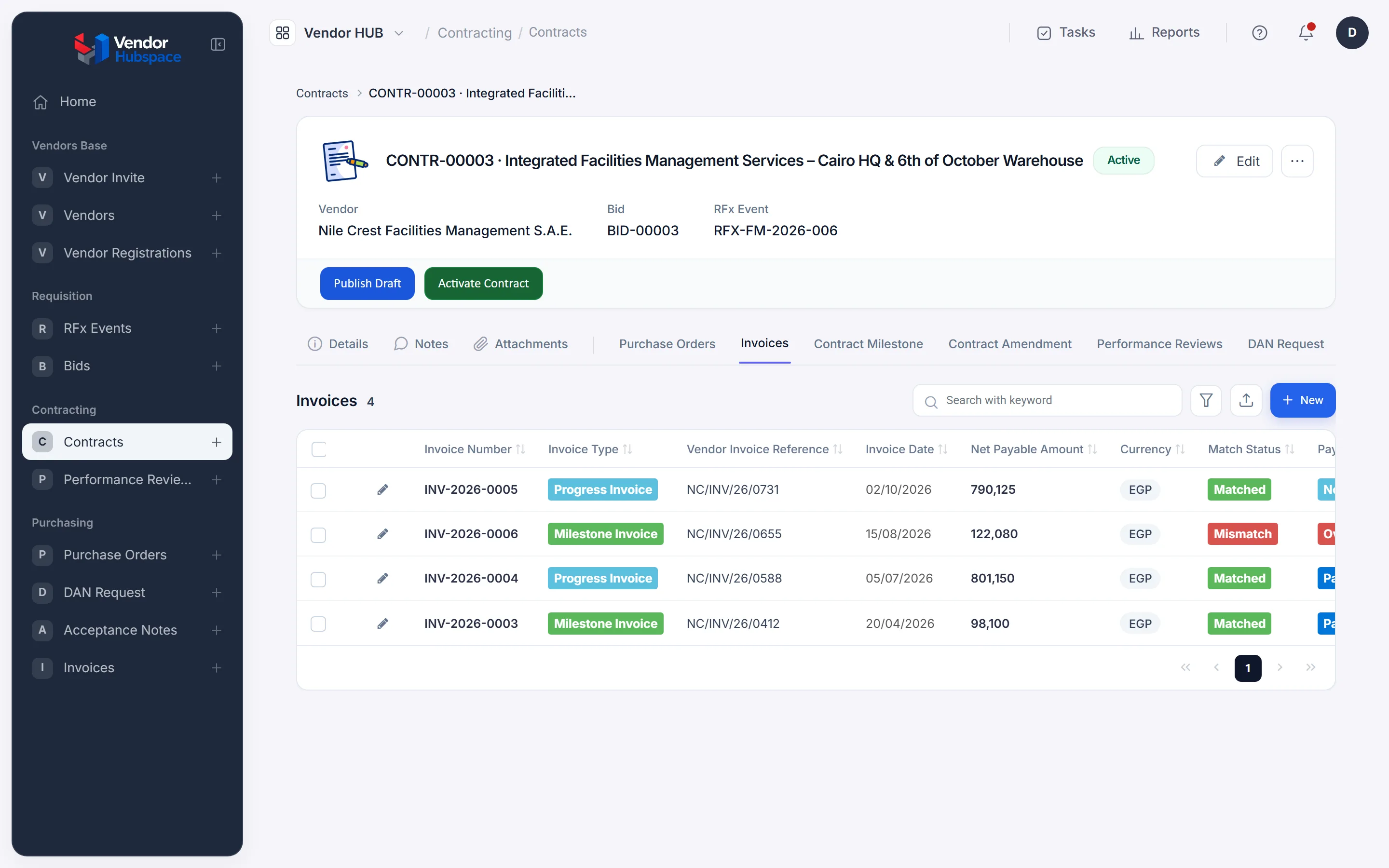 The Invoices tab of contract CONTR-00003, with four invoices listed with their type, amount and match status.