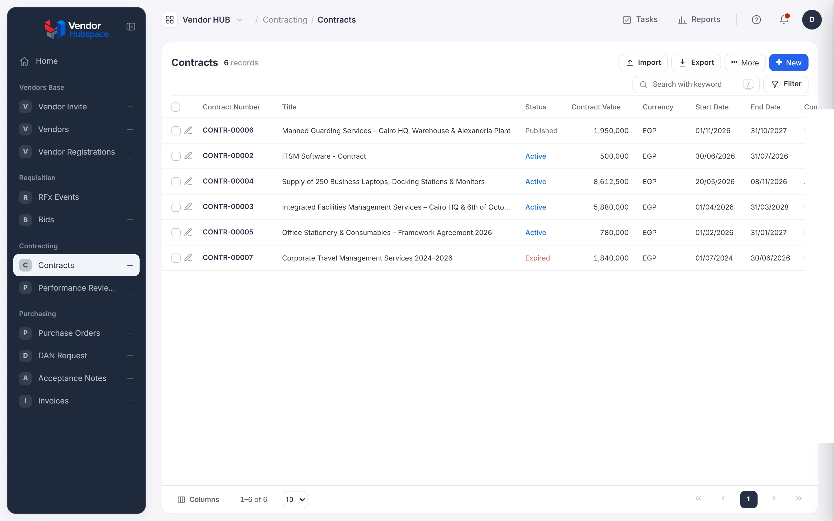 The Contracts list with six records. The header has Import, Export, More and New. Below it are the search box and the Filter button, then the table.