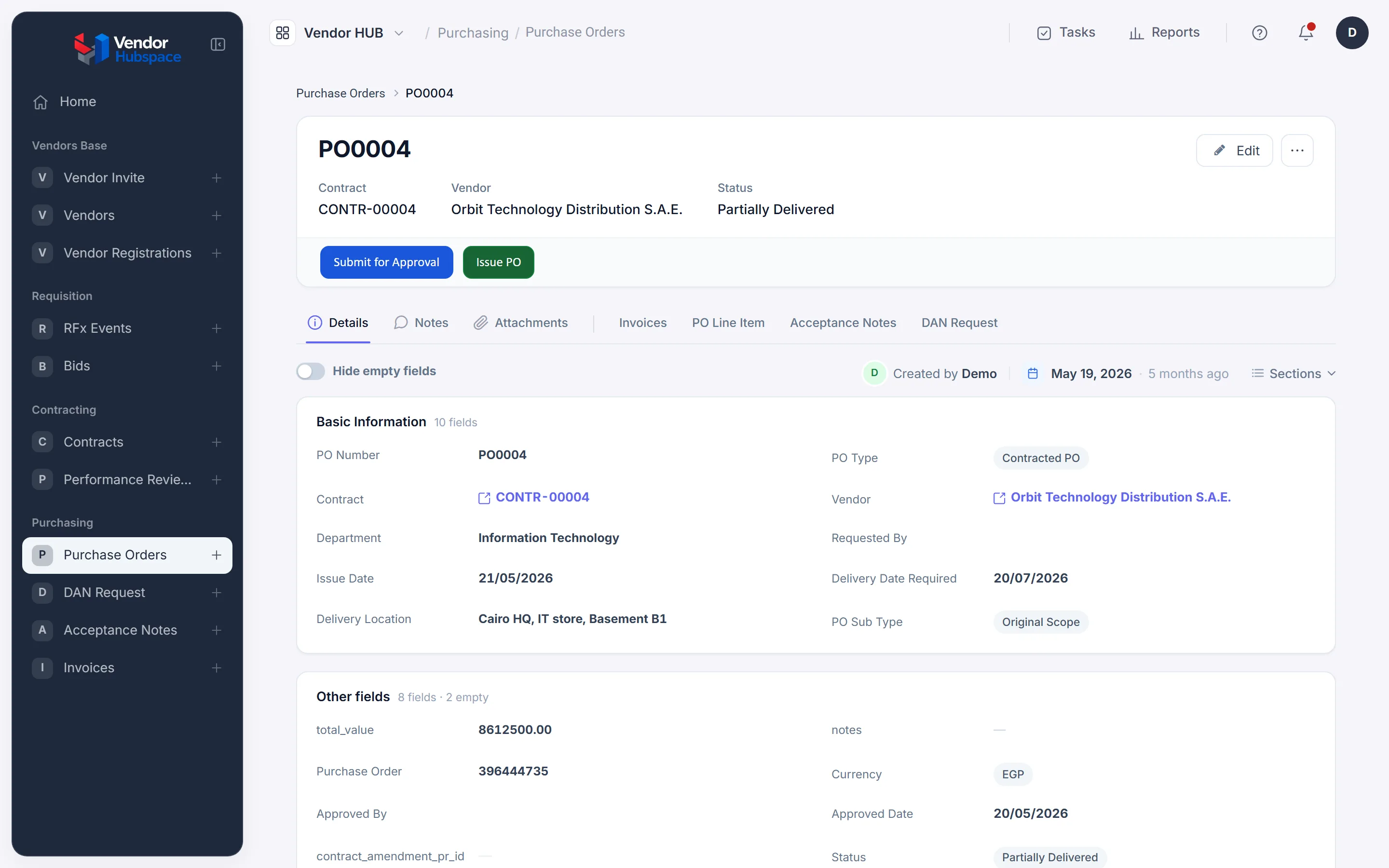 A purchase order record in App space: facts in the header, two action buttons, and tabs for Invoices, PO Line Item, Acceptance Notes and DAN Request.