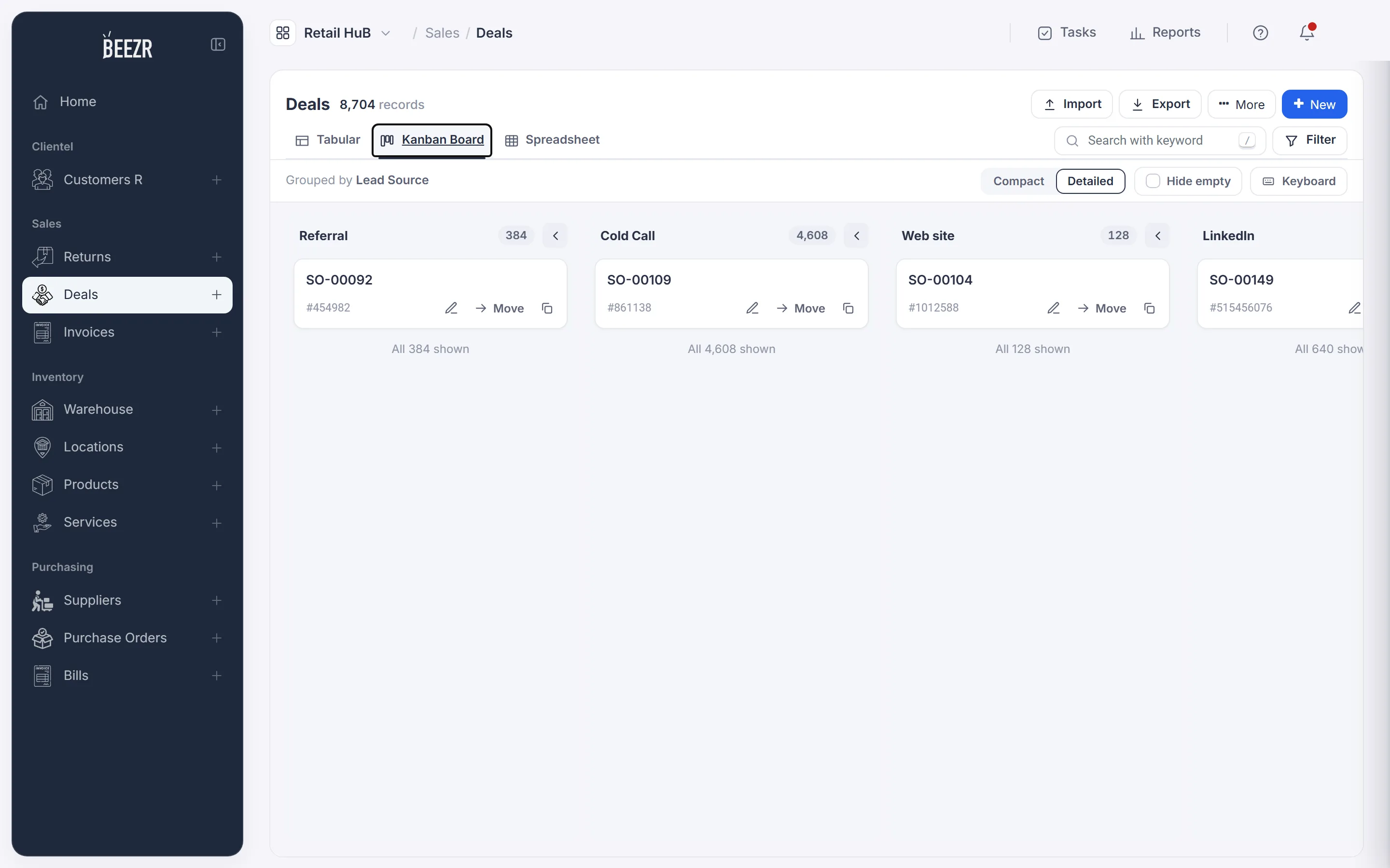 A Kanban board of deals grouped by Lead Source, with the columns Referral, Cold Call, Web site and LinkedIn, and a card in each.