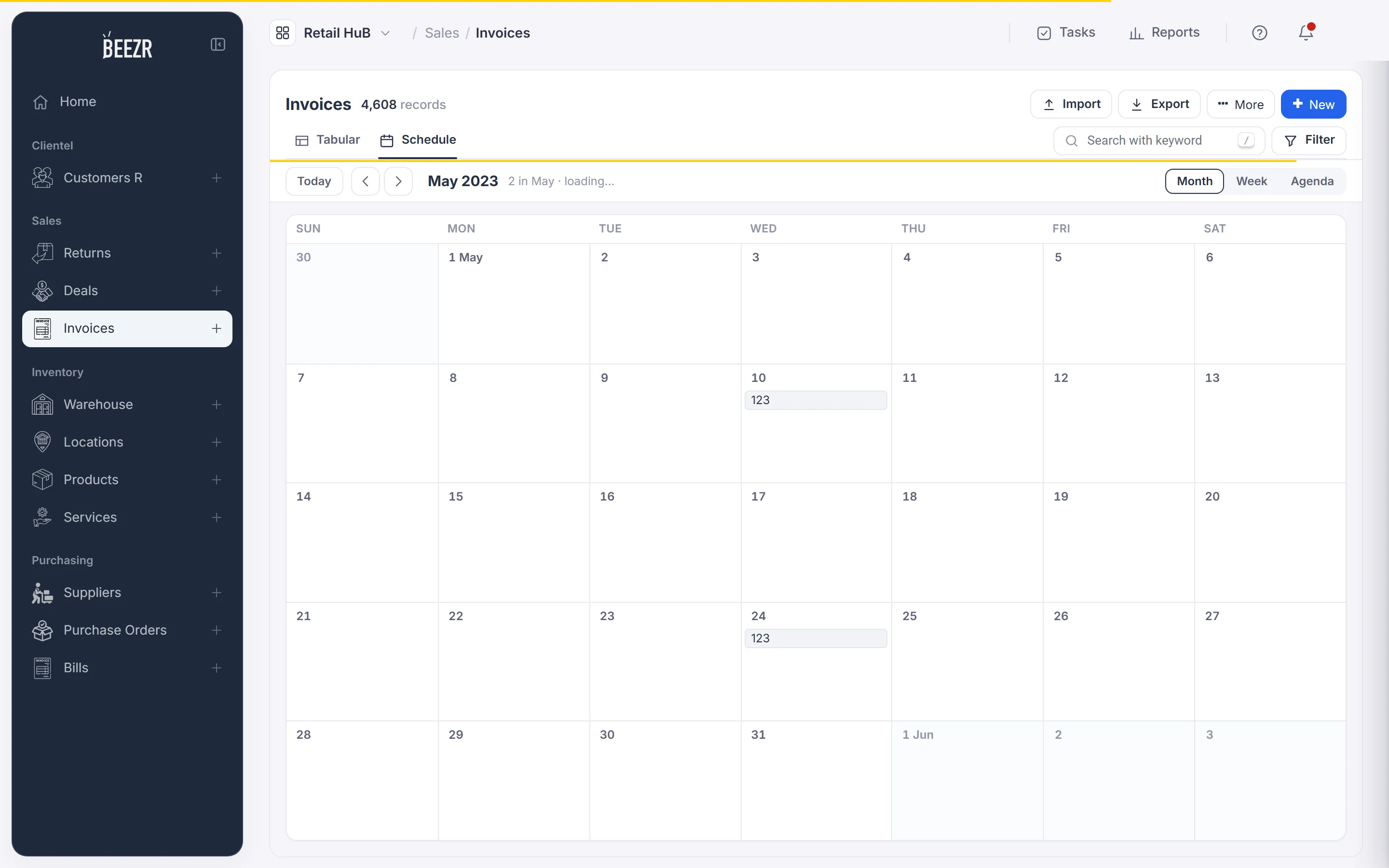 A month calendar of May 2023 for Invoices with two records shown on their dates, and the Month, Week and Agenda buttons at the right.