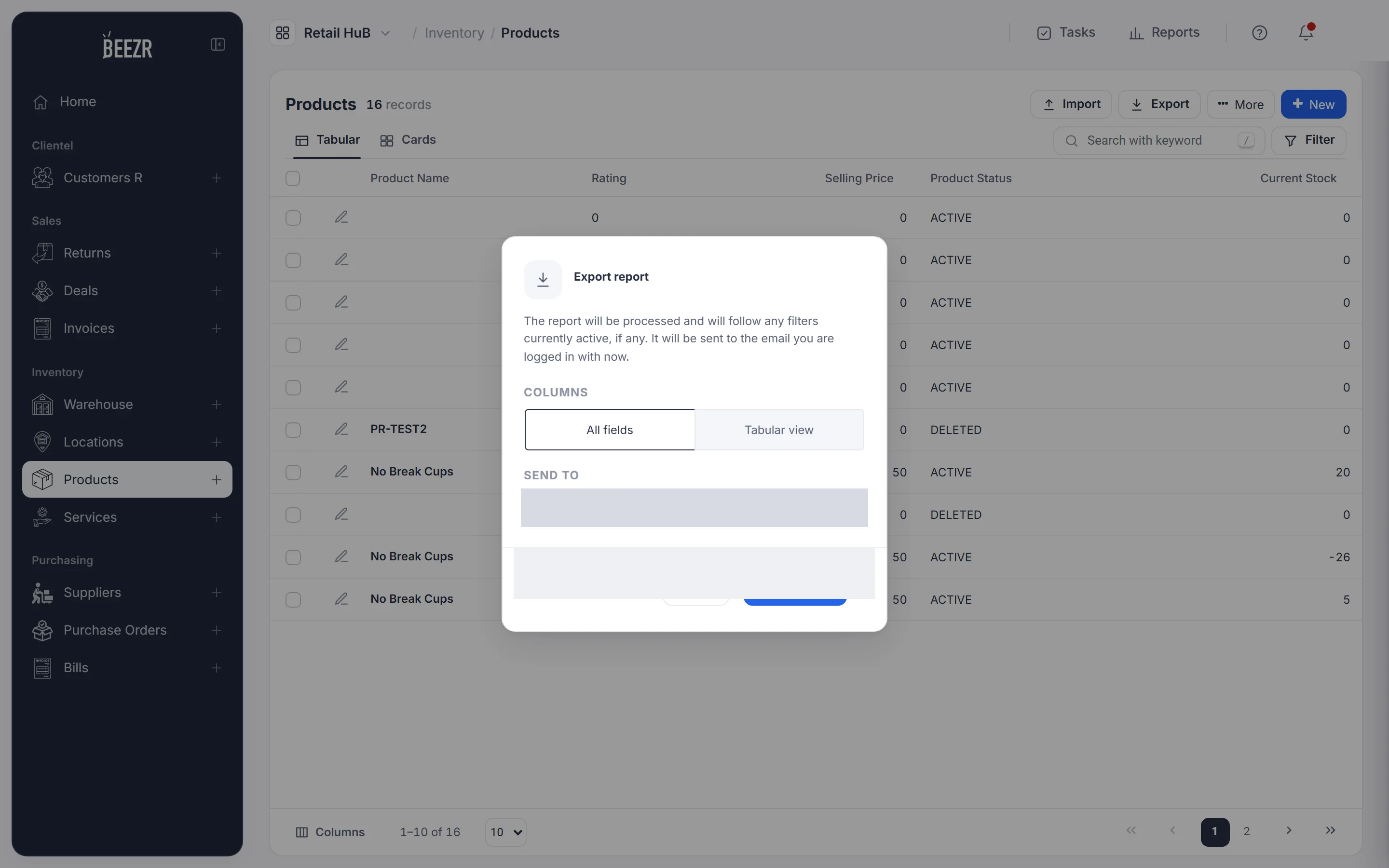 The Export report window over a Products list. It explains that the report follows active filters and is sent by email. Columns offers All fields and Tabular view. Send to holds an email address.