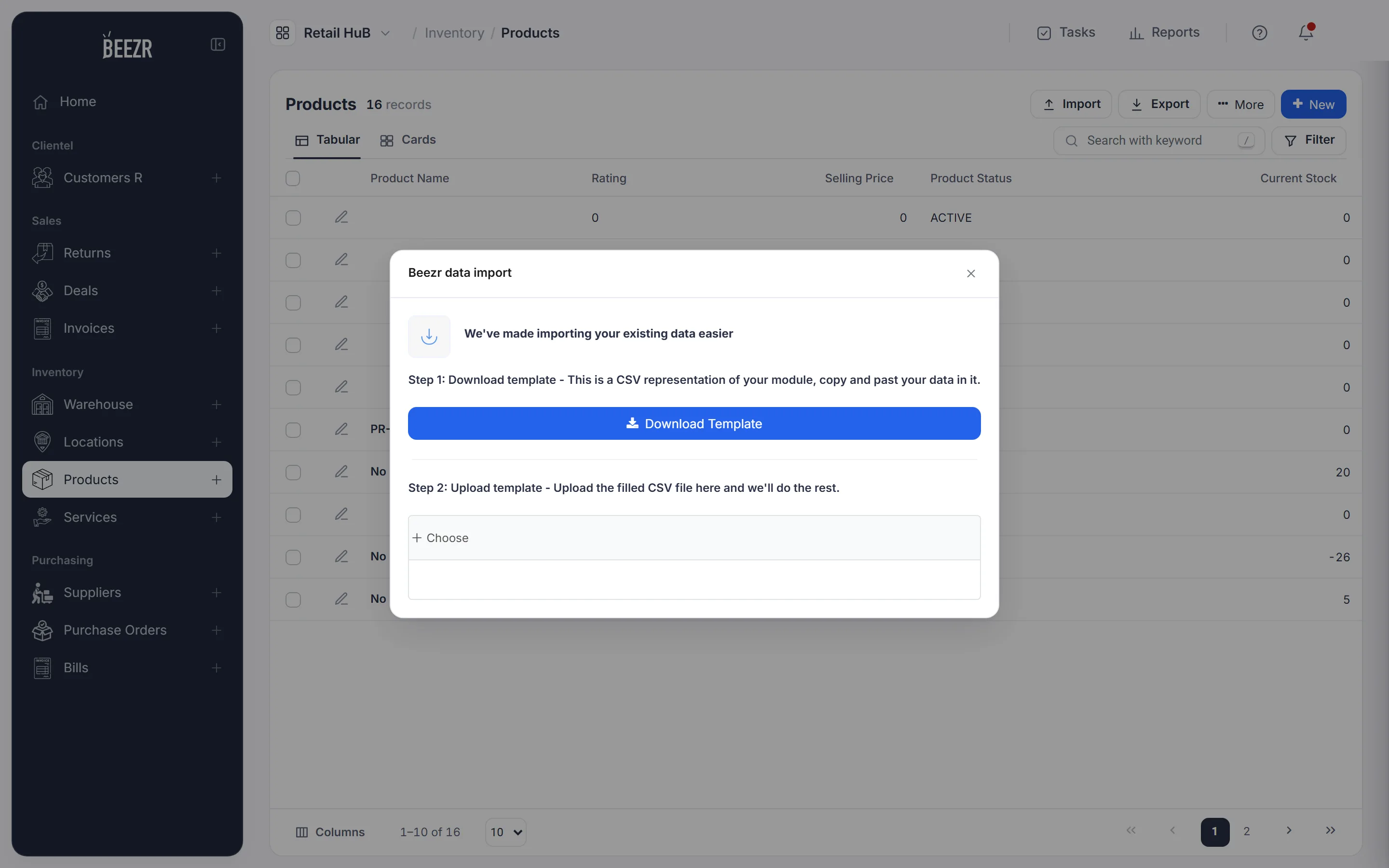 The Beezr data import window over a Products list. Step 1 has a Download Template button. Step 2 has a Choose button for the filled file.