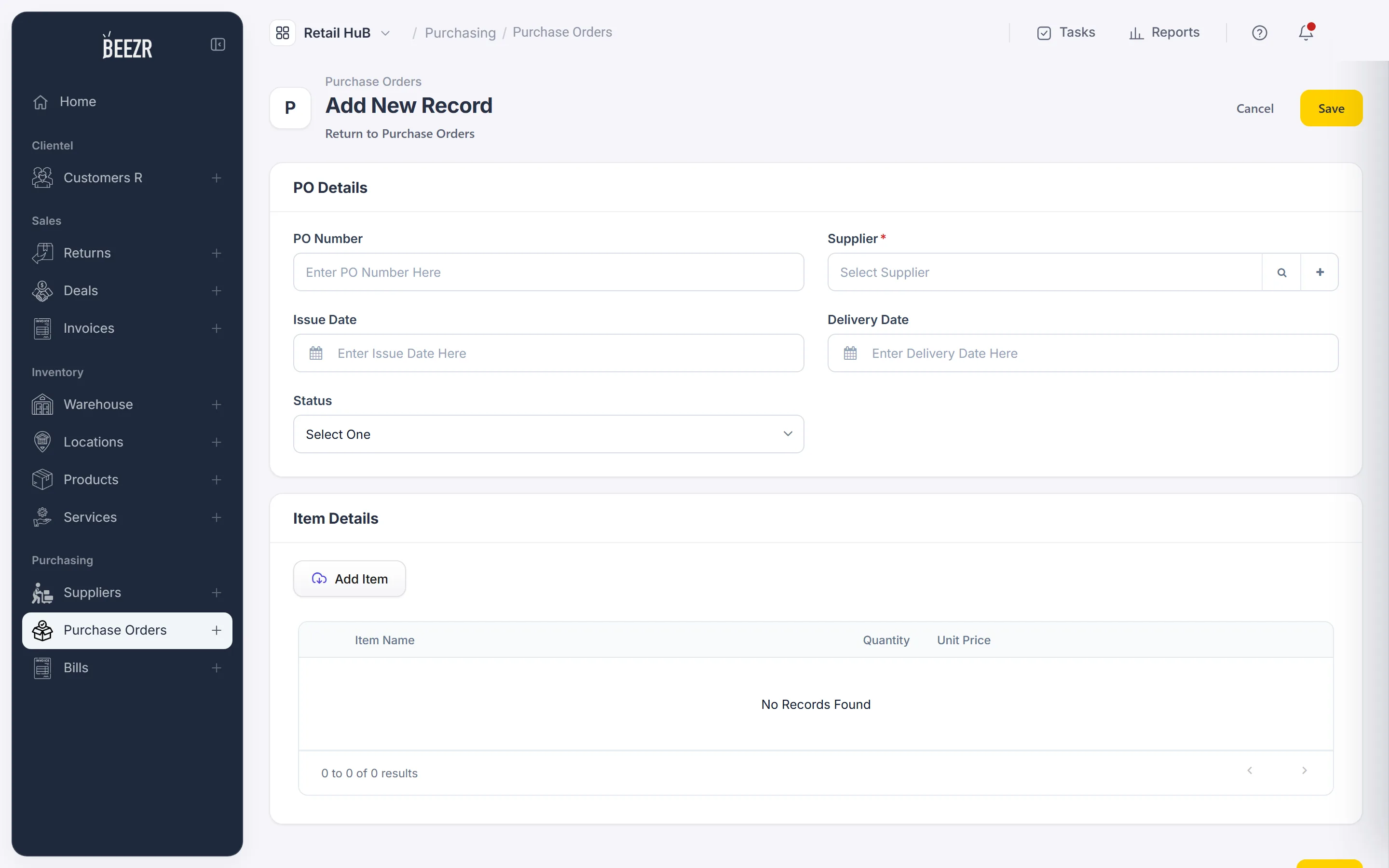 The form for a new purchase order: PO Details with PO Number, Supplier, Issue Date, Delivery Date and Status, and an Item Details section with an Add Item button.