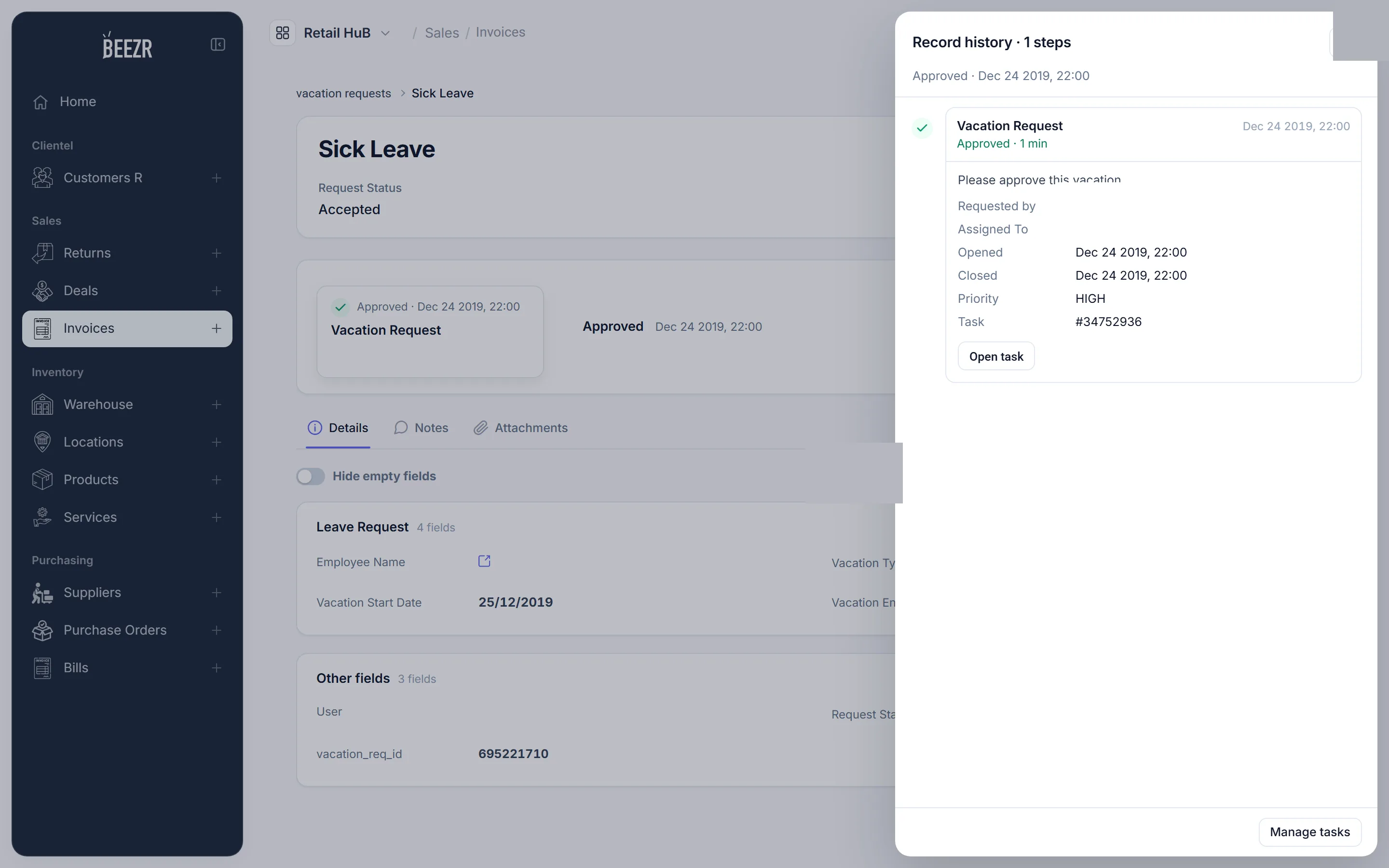 A leave request with the Record history panel open on the right, showing one approved step with who requested it, when it was opened and closed, its priority and an Open task button.