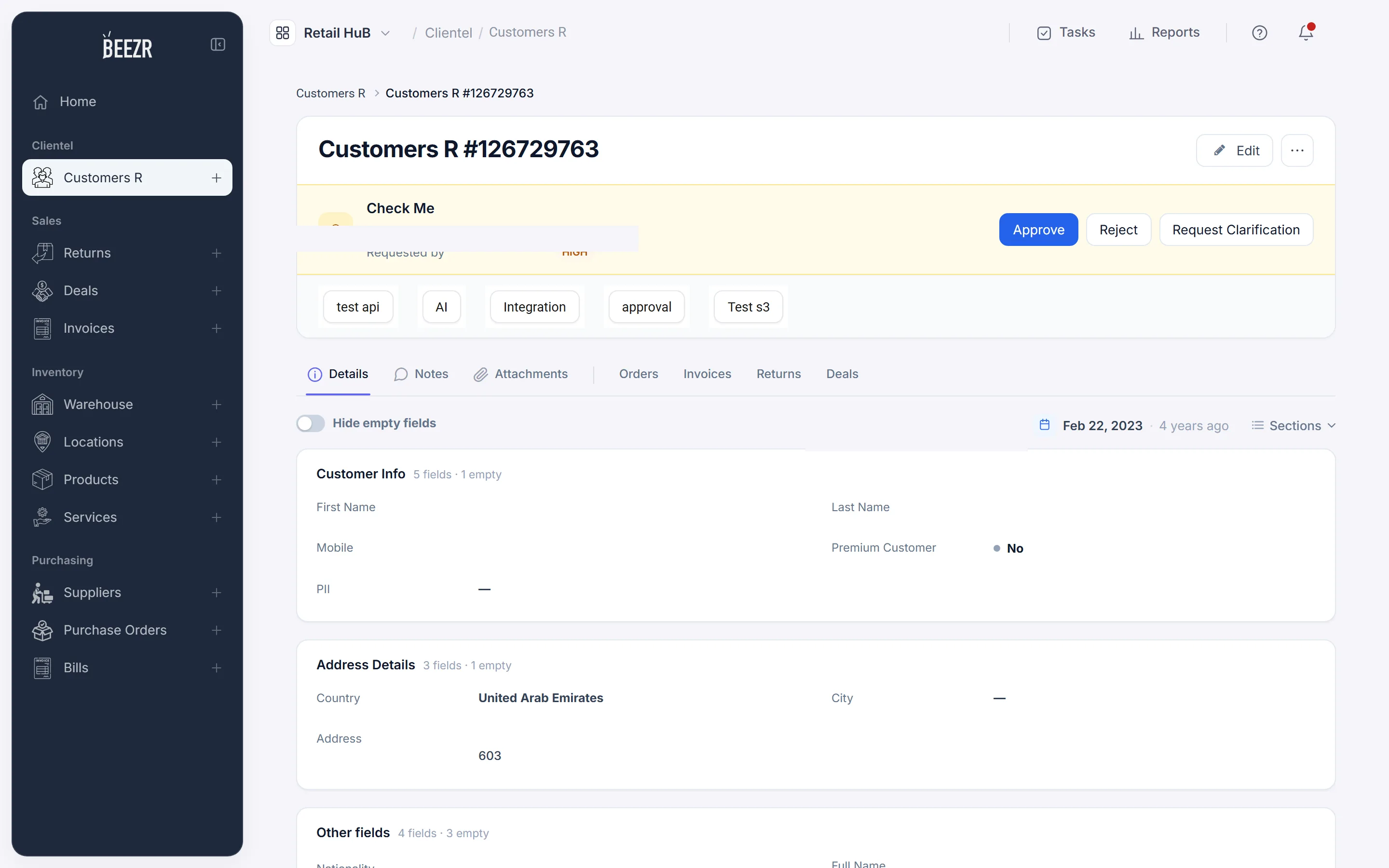 A customer record with a task banner under its title. The banner shows the task name, who requested it, a High priority, and three buttons: Approve, Reject and Request Clarification.
