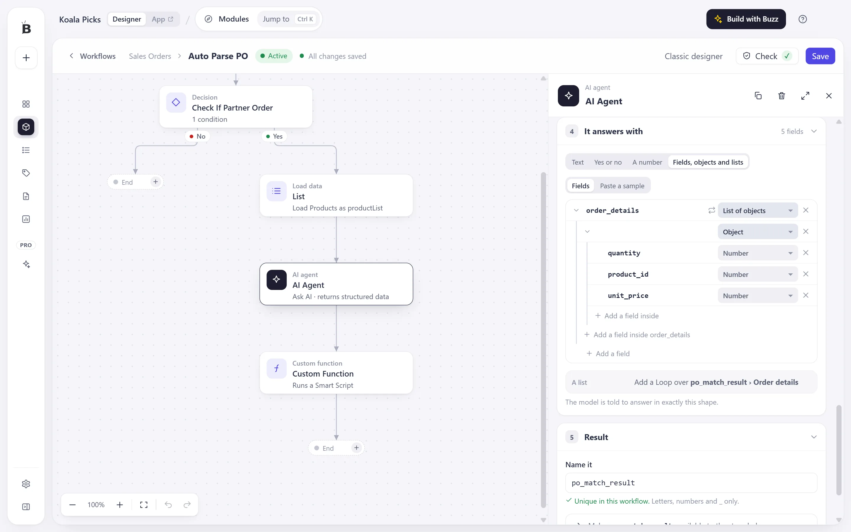 The It answers with section of an AI agent step set to Fields, objects and lists, showing an order_details list of objects with quantity, product_id and unit_price.