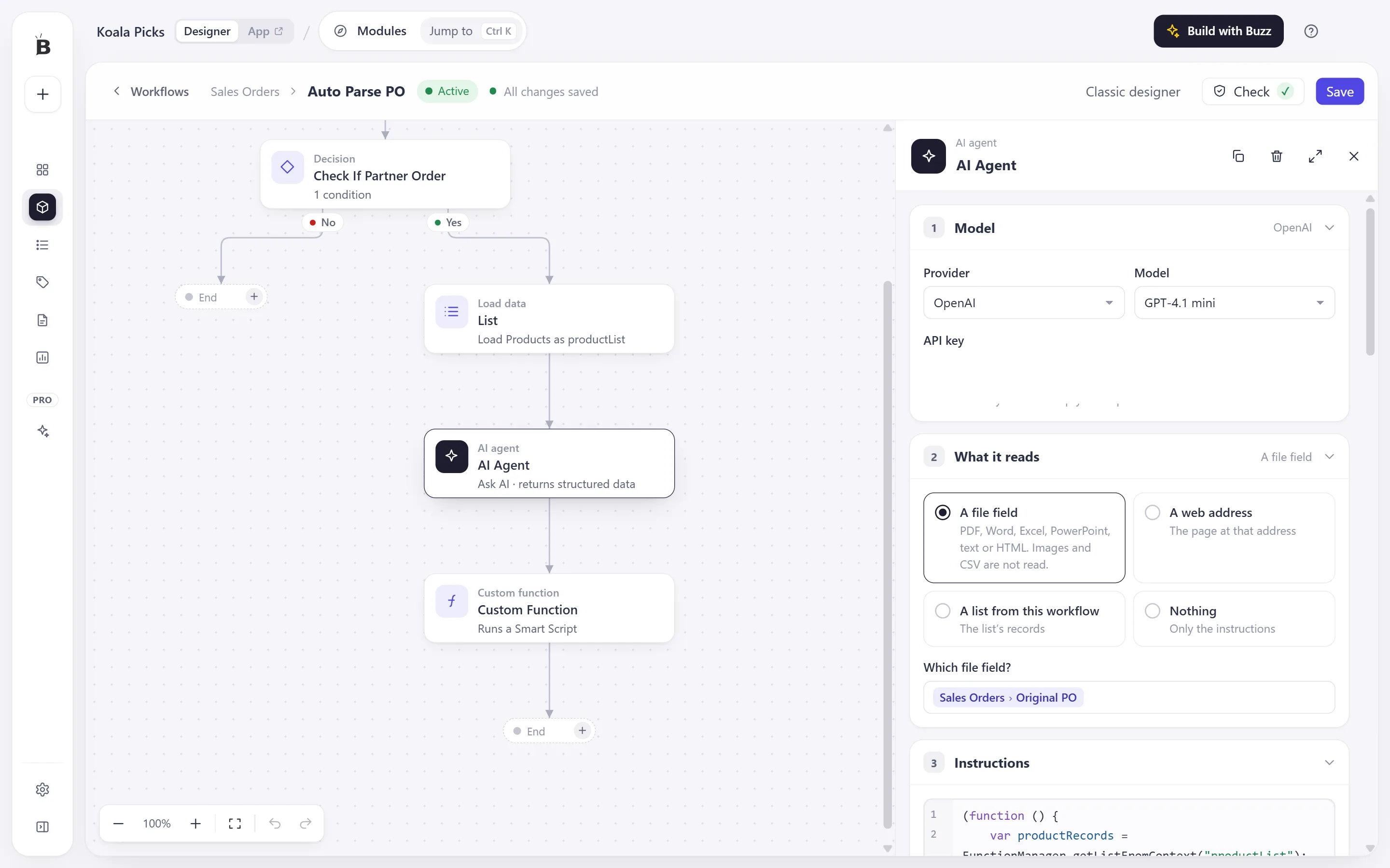 An AI agent step selected, with OpenAI and GPT-4.1 mini chosen, a saved API key, and the source set to a file field.