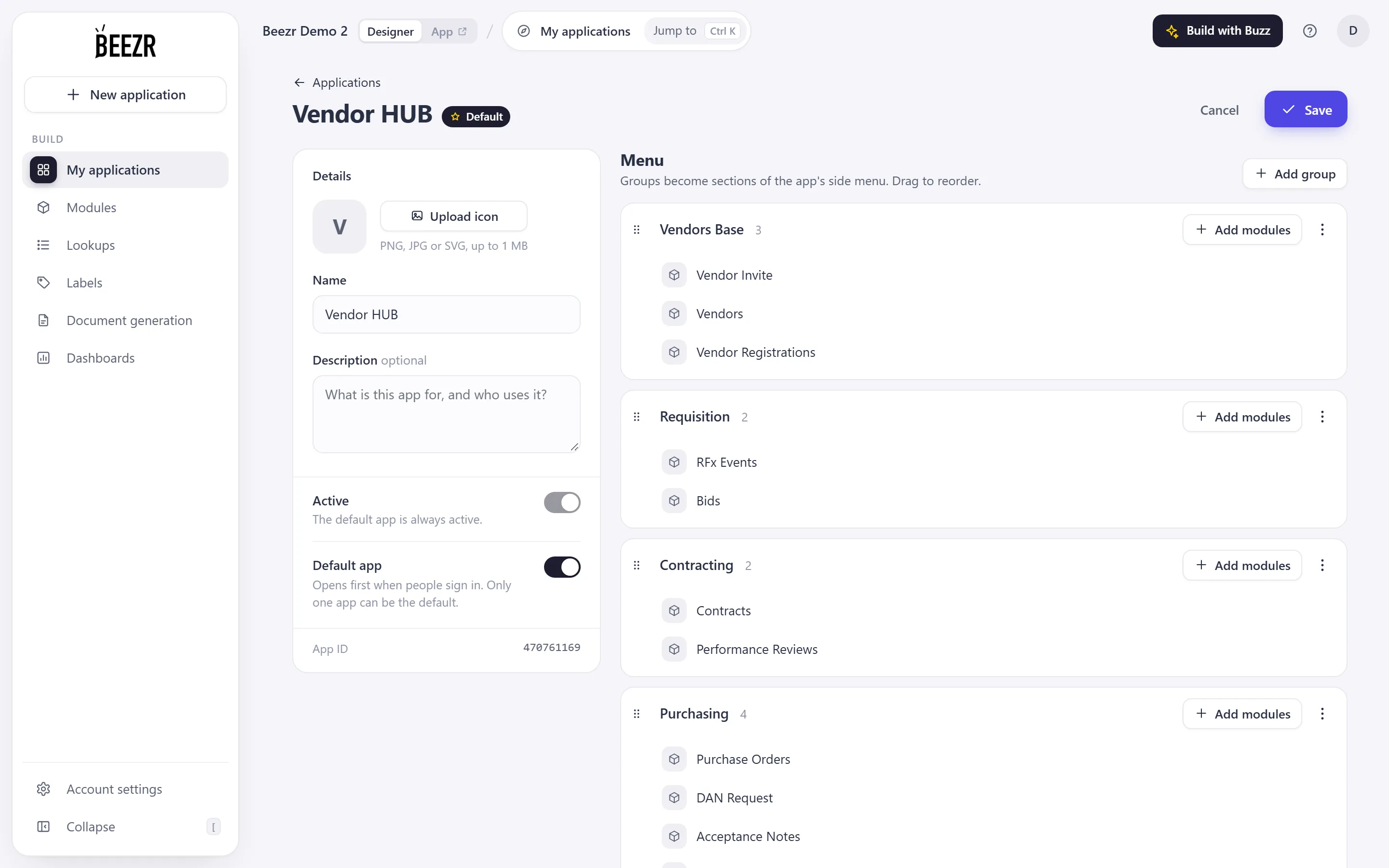 The App builder for Vendor HUB: a Details panel with name, Active and Default app switches, and a Menu with groups named Vendors Base, Requisition, Contracting and Purchasing, each listing modules.