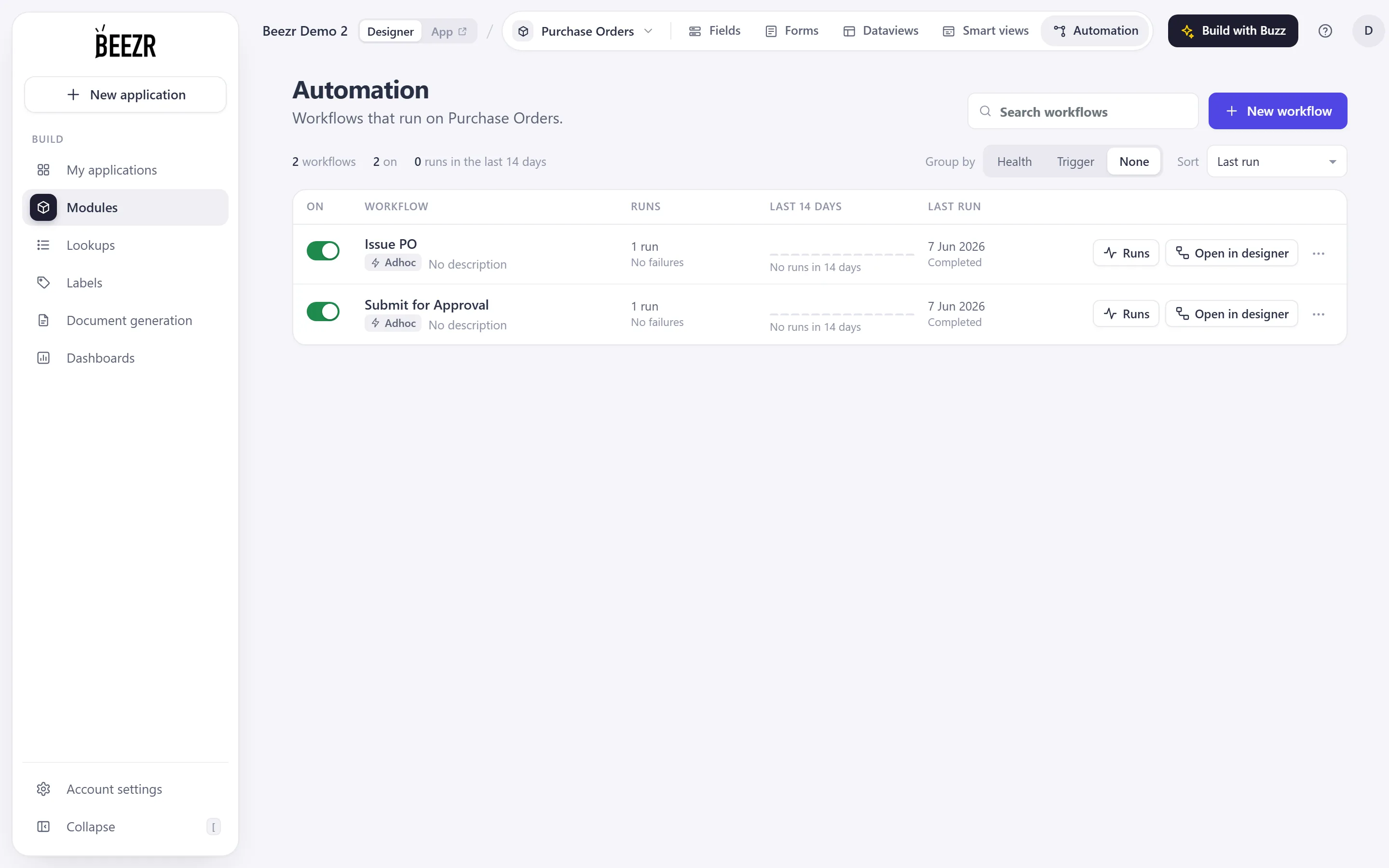 The Automation page for Purchase Orders: a search box and the New workflow button above a list of two workflows, each with an on switch, a trigger tag, its run count, and the Runs and Open in designer buttons.