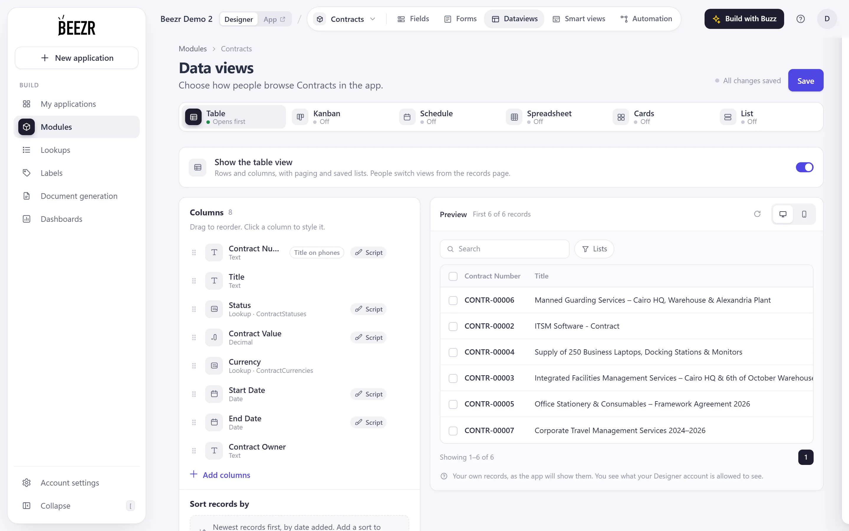 The Data views page for the Contracts module: six view tabs, the Table switch, the column list and a live preview of six contracts.
