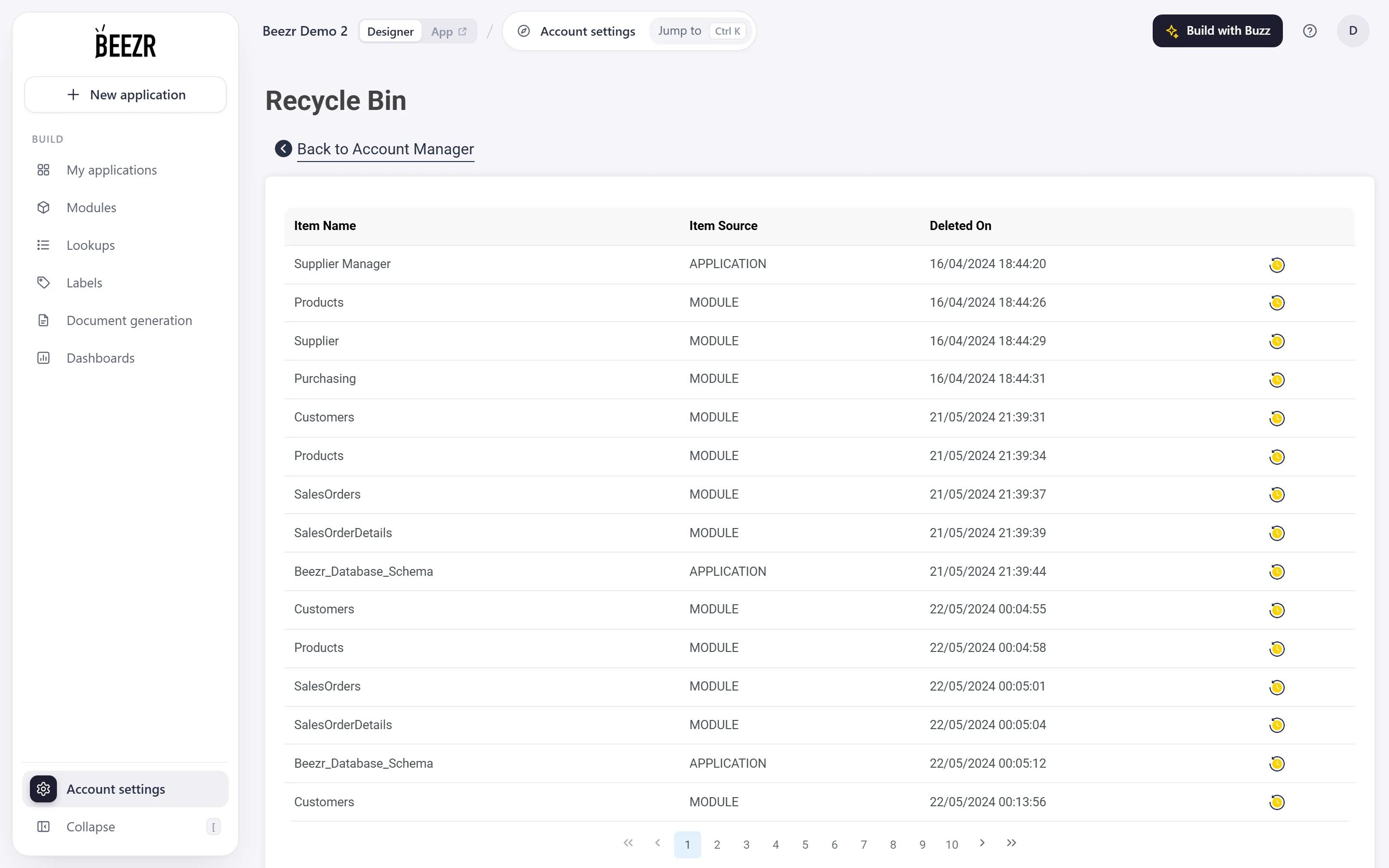 The Recycle Bin table with the columns Item Name, Item Source and Deleted On, and a restore icon on each row.
