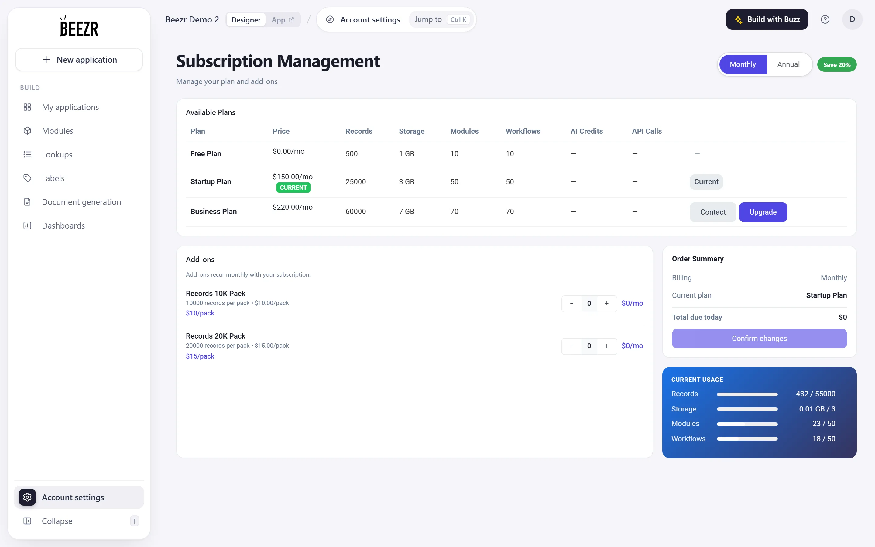 Subscription Management with the billing toggle, the Available Plans table, add-ons and the Order Summary.