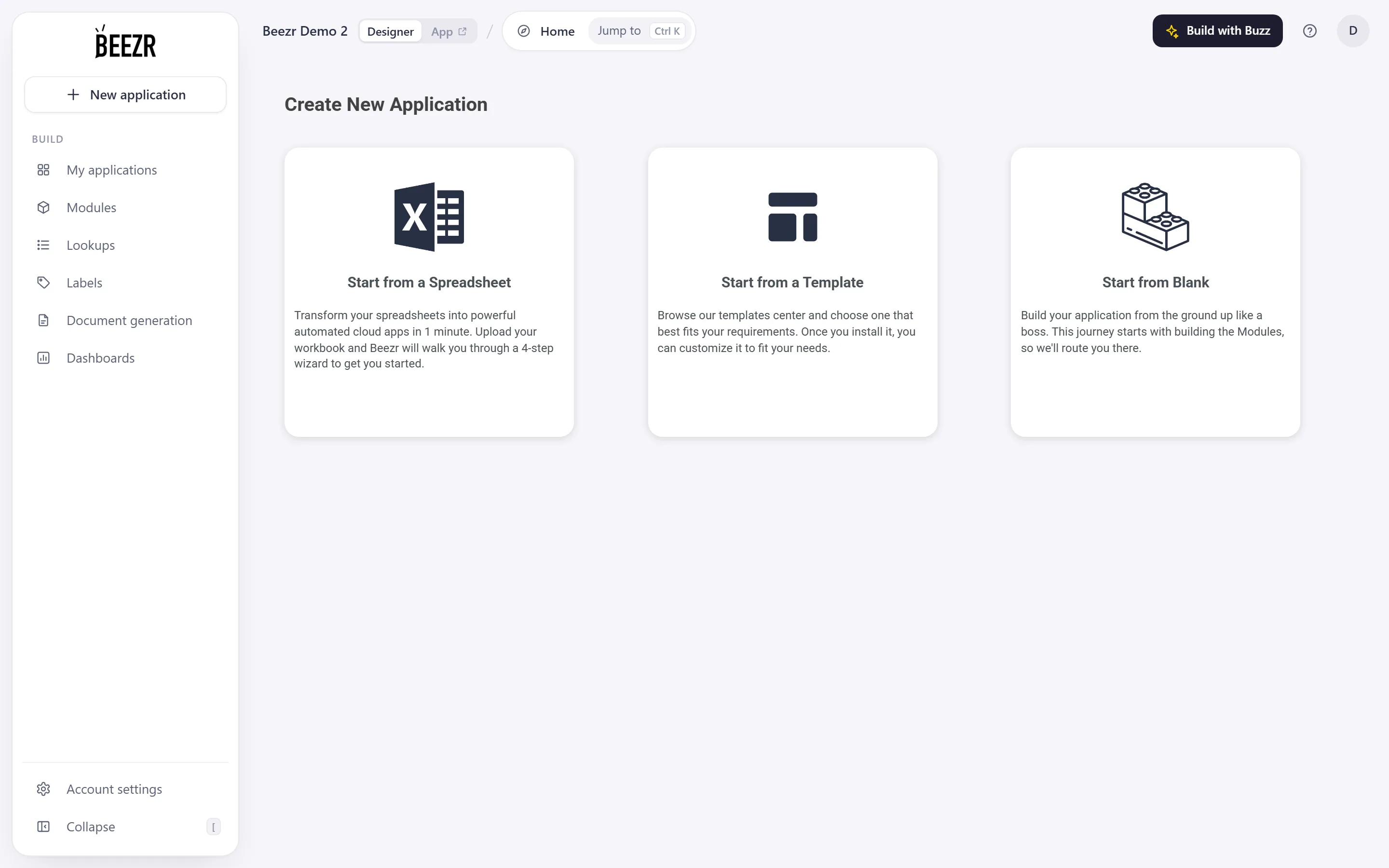 The Create New Application page with three cards: Start from a Spreadsheet, Start from a Template and Start from Blank.