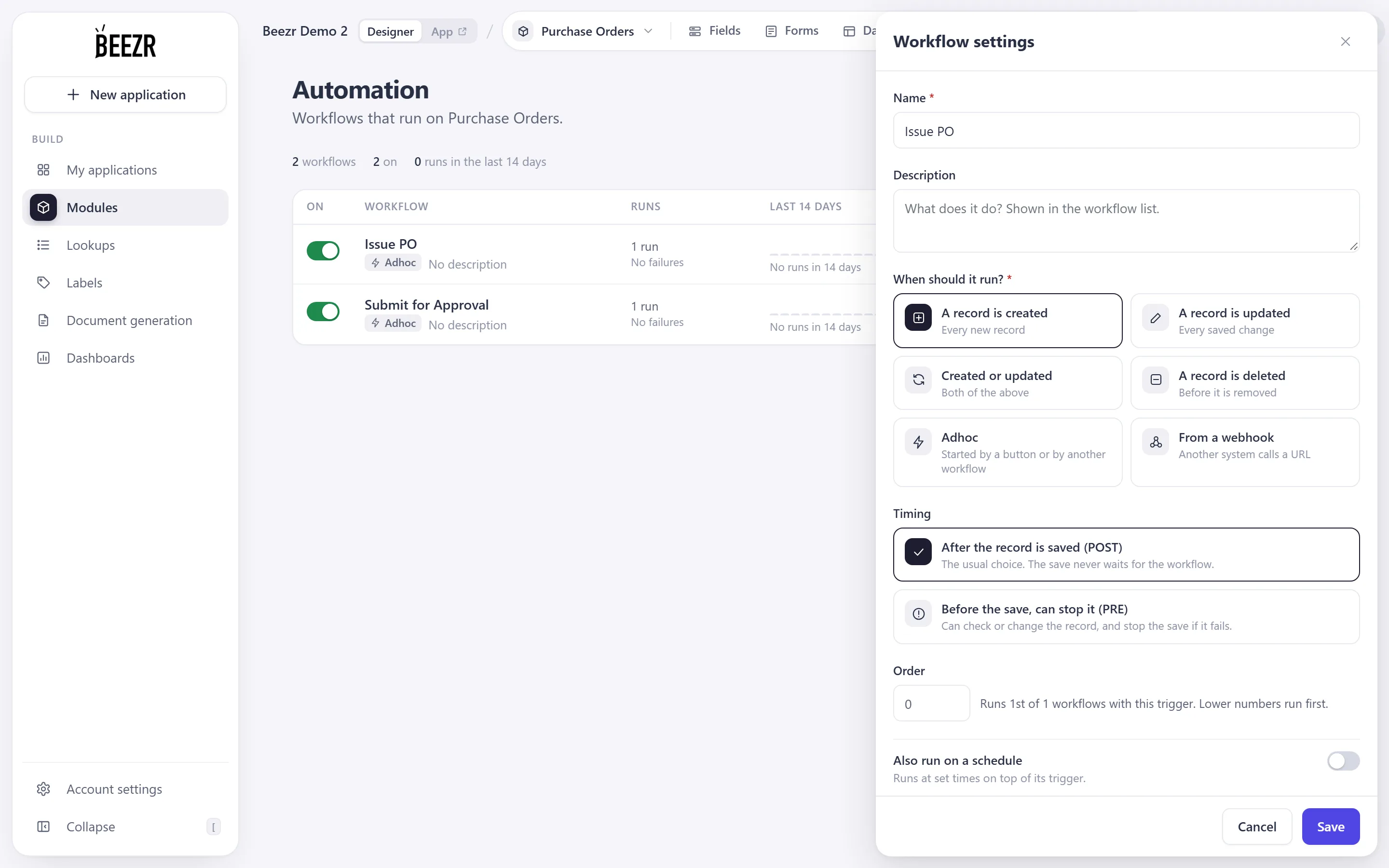 The Workflow settings panel with a record trigger chosen. Under Timing, the tile After the record is saved (POST) is selected and the tile Before the save, can stop it (PRE) is beside it. The Order box follows.