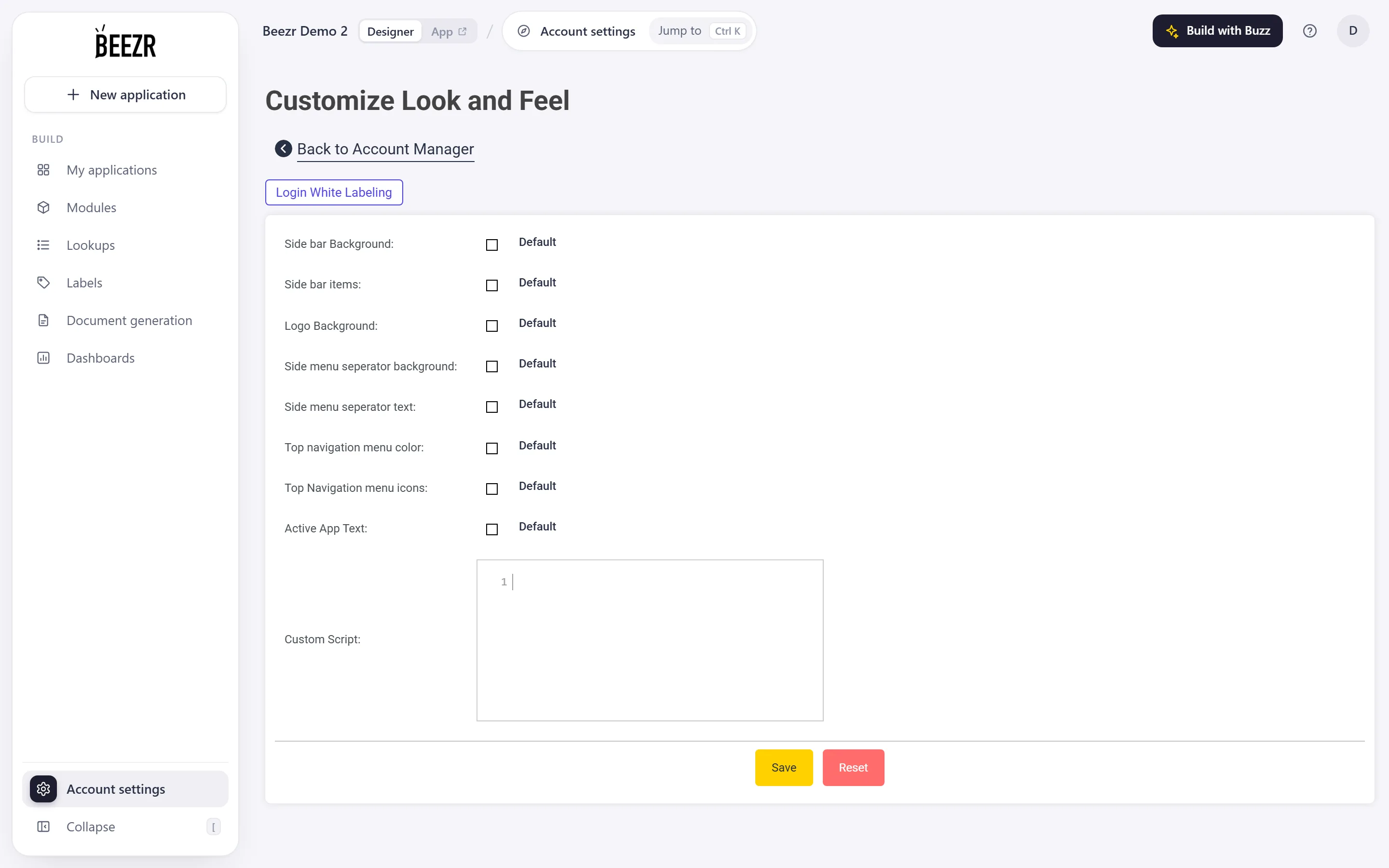 Customize Look and Feel with a column of colour pickers, a CSS editor, and Save and Reset buttons.