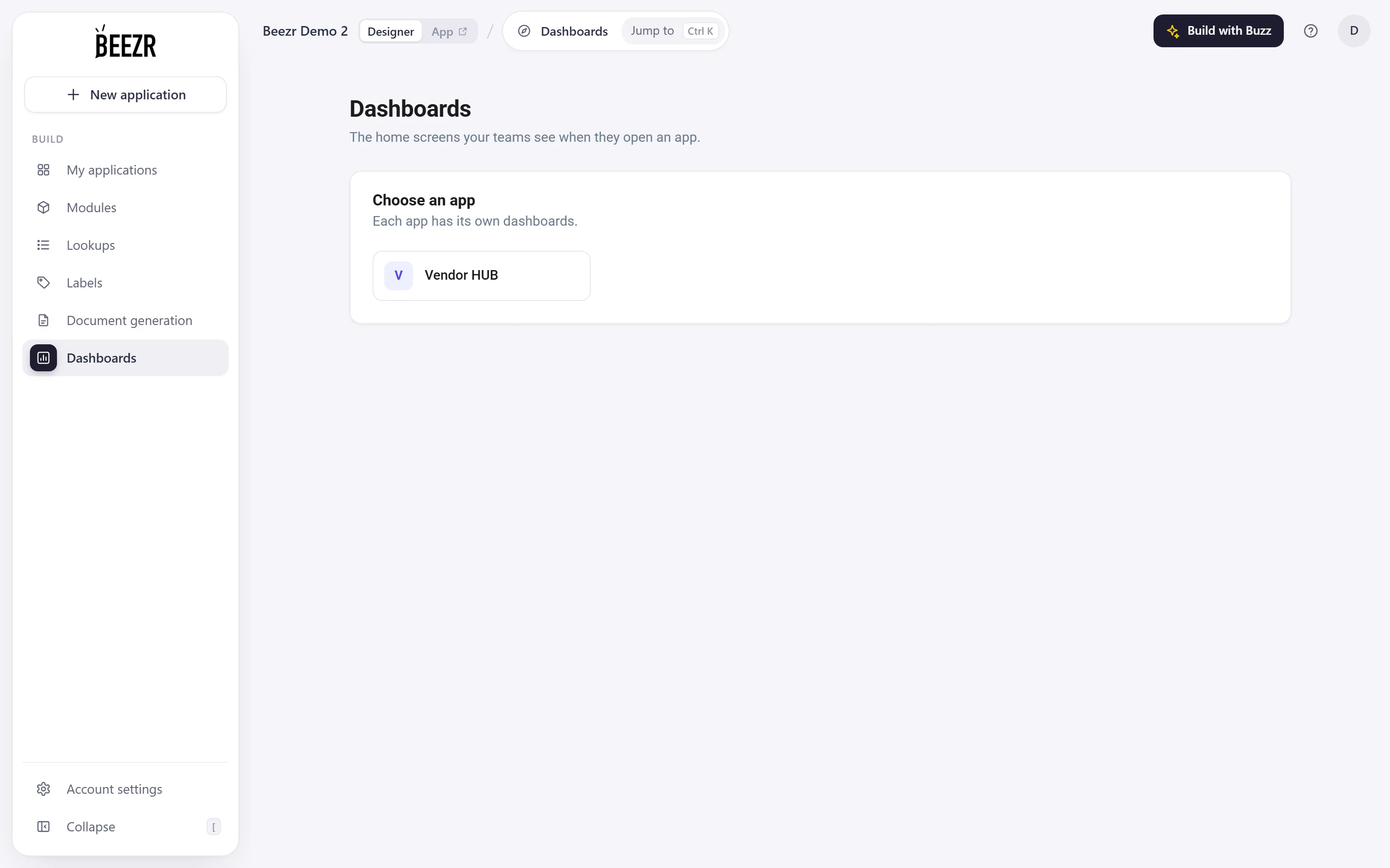 The Dashboards list for one app: the app switcher and search box above a table of dashboards, each row with its roles, an Active switch and an Open button.