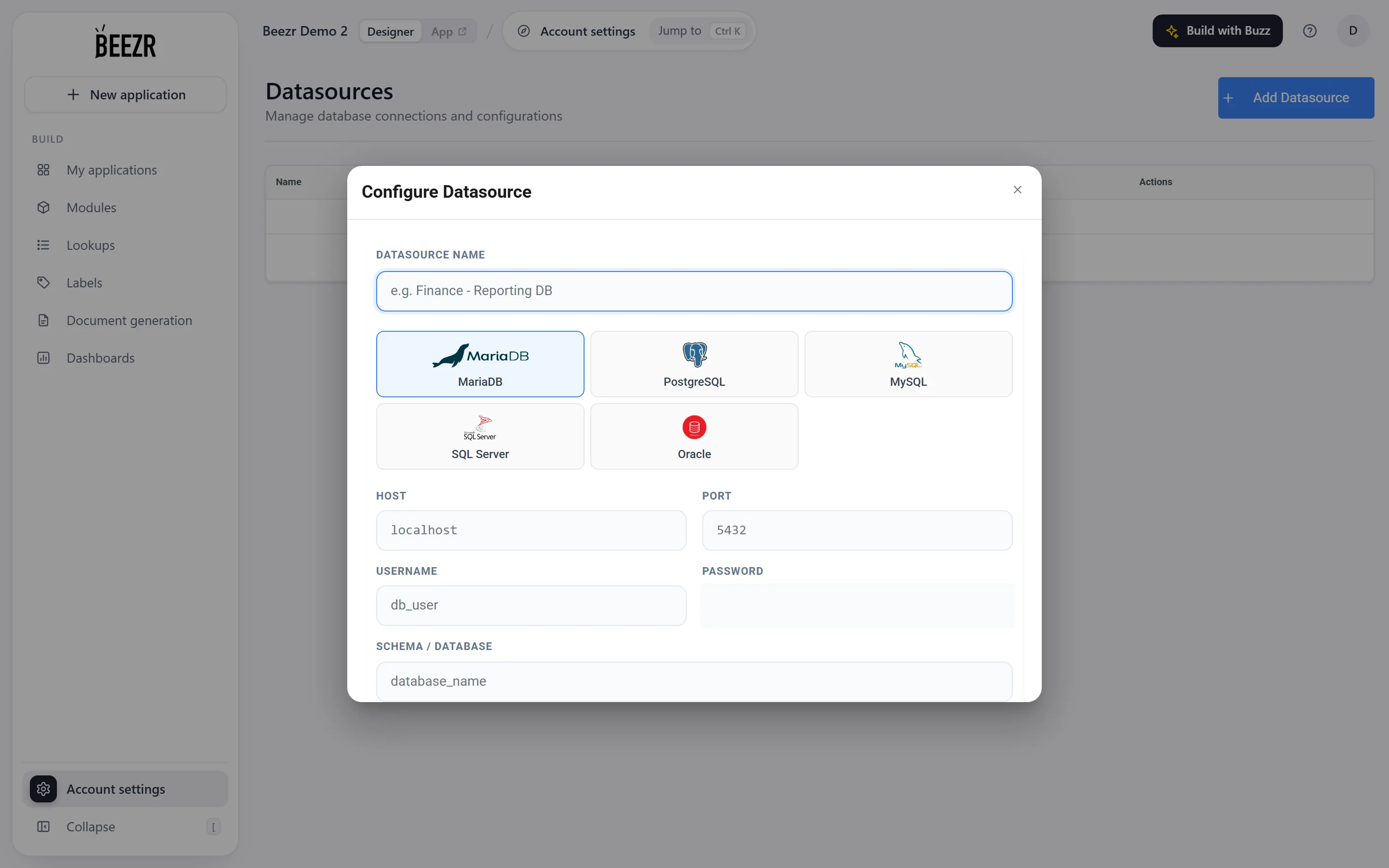The Configure Datasource dialog with five engine cards, then Host, Port, Username, Password and Schema fields, and the Test and Save Datasource buttons.