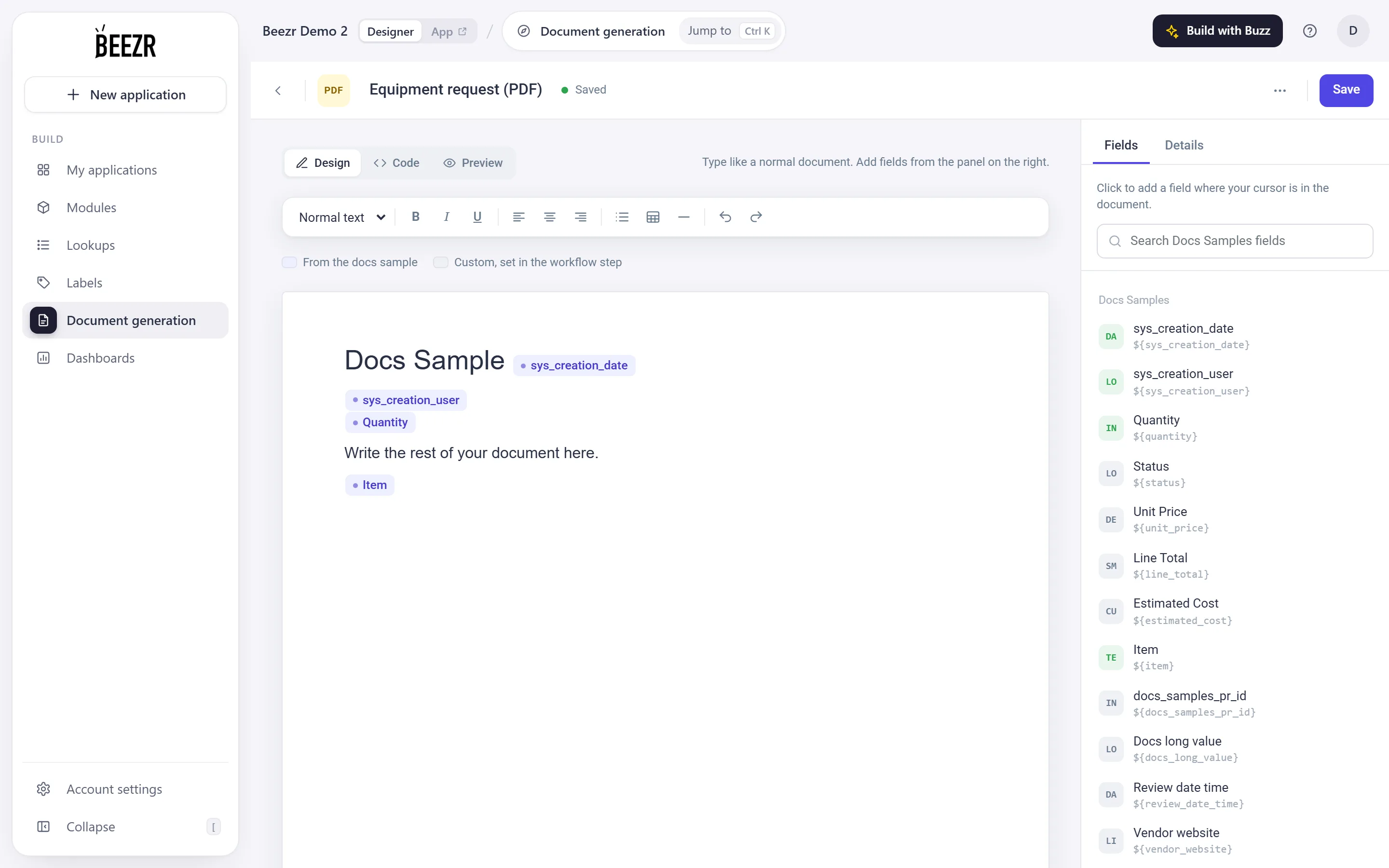 A PDF template in the Design view: a formatting toolbar, a document with field chips and a repeating table, and the Fields tab on the right.