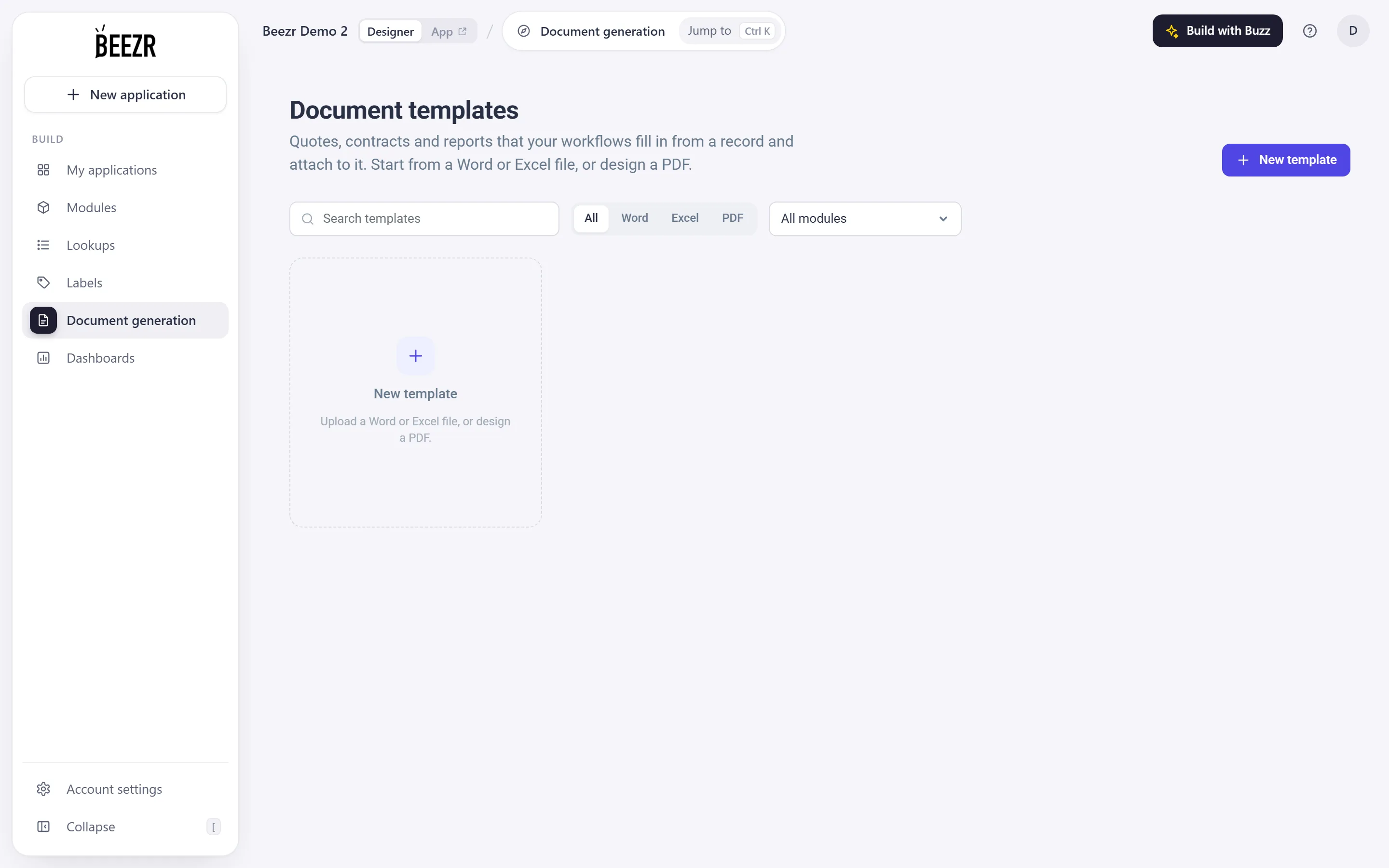 The Document templates library: a search box and filters above a grid of template cards, each with its type, module and a status line.