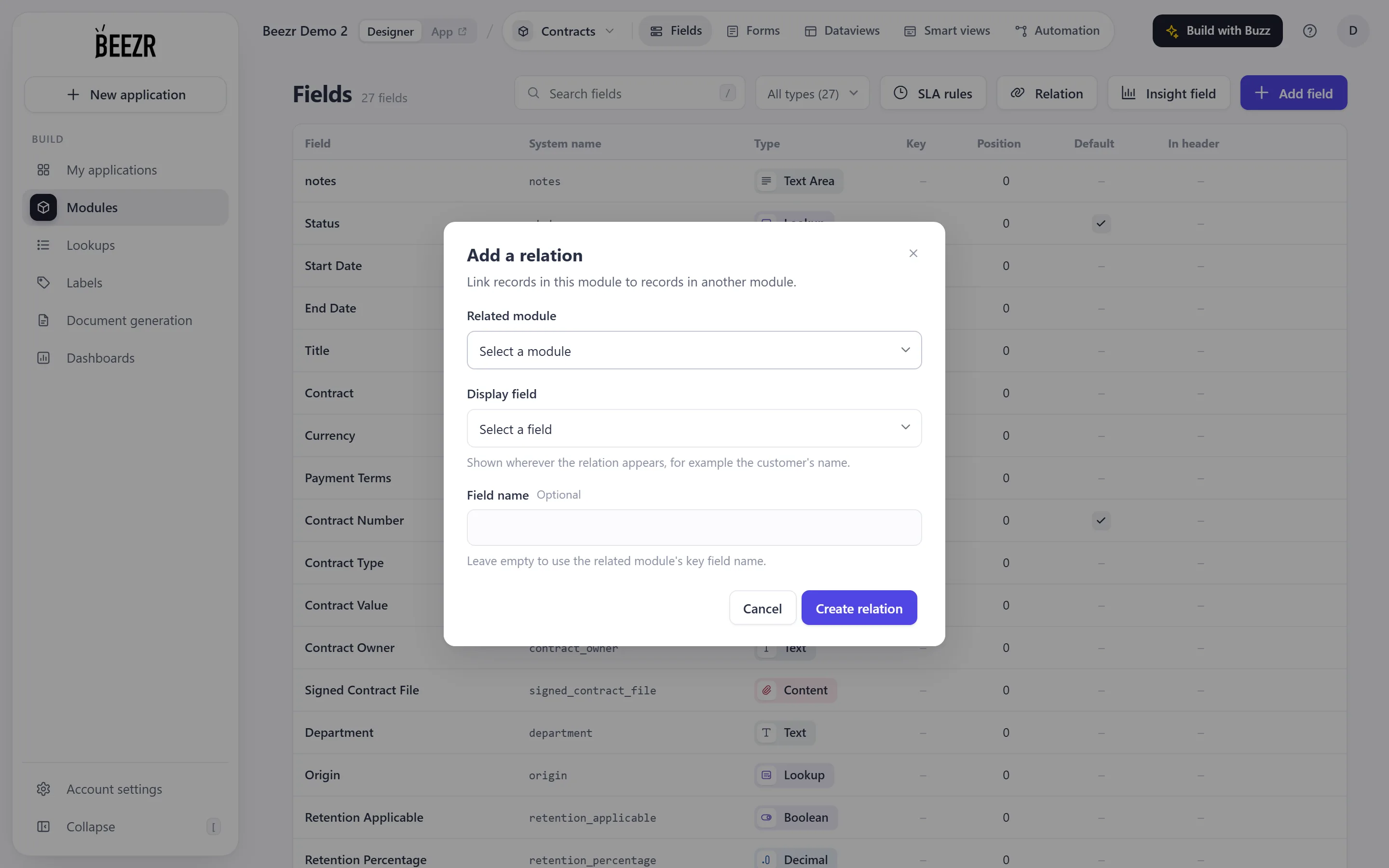 The Add a relation dialog on the Invoices module, with Purchase Orders chosen as the Related module and PO Number as the Display field.