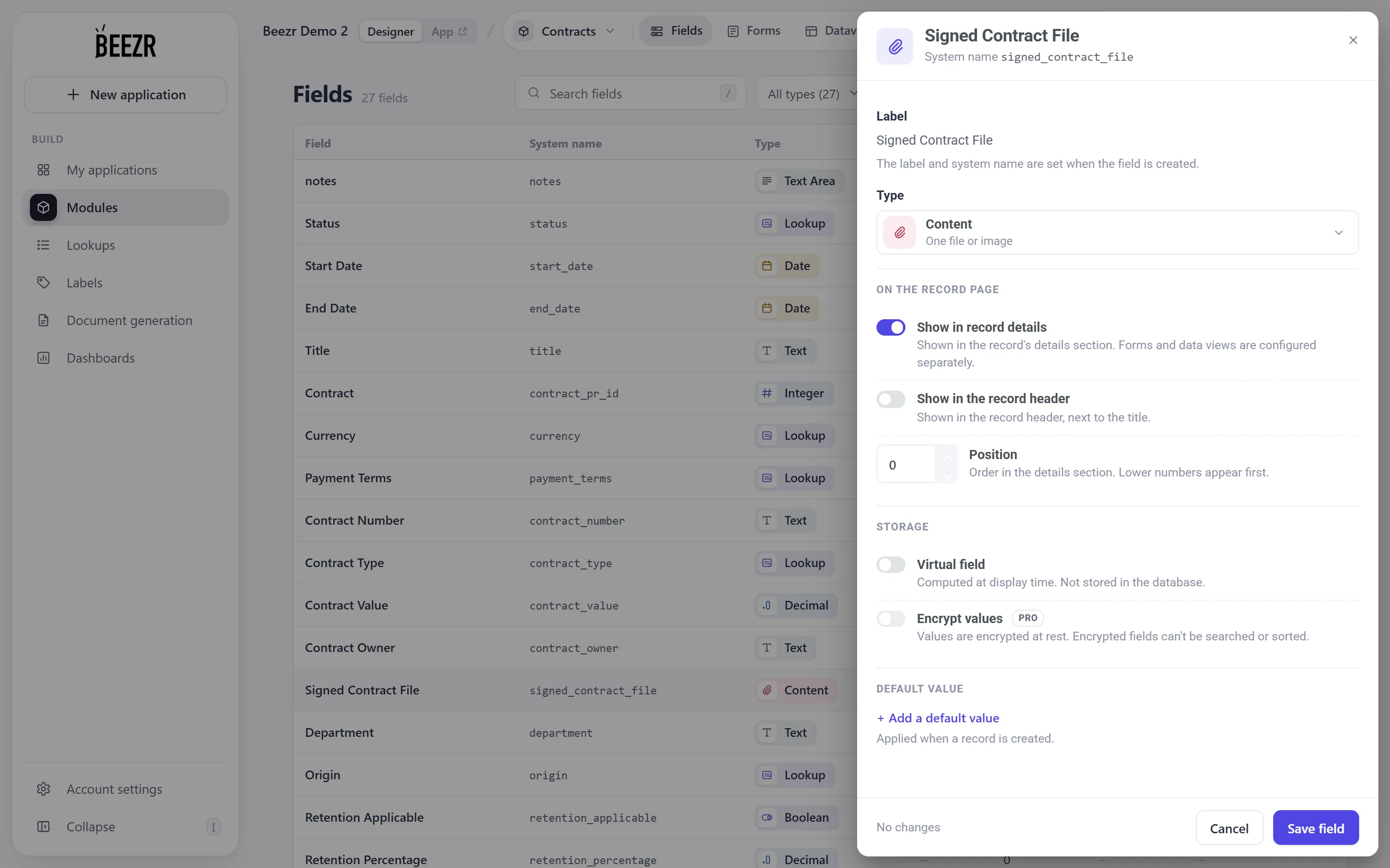 The Content field configuration and its type-specific settings.