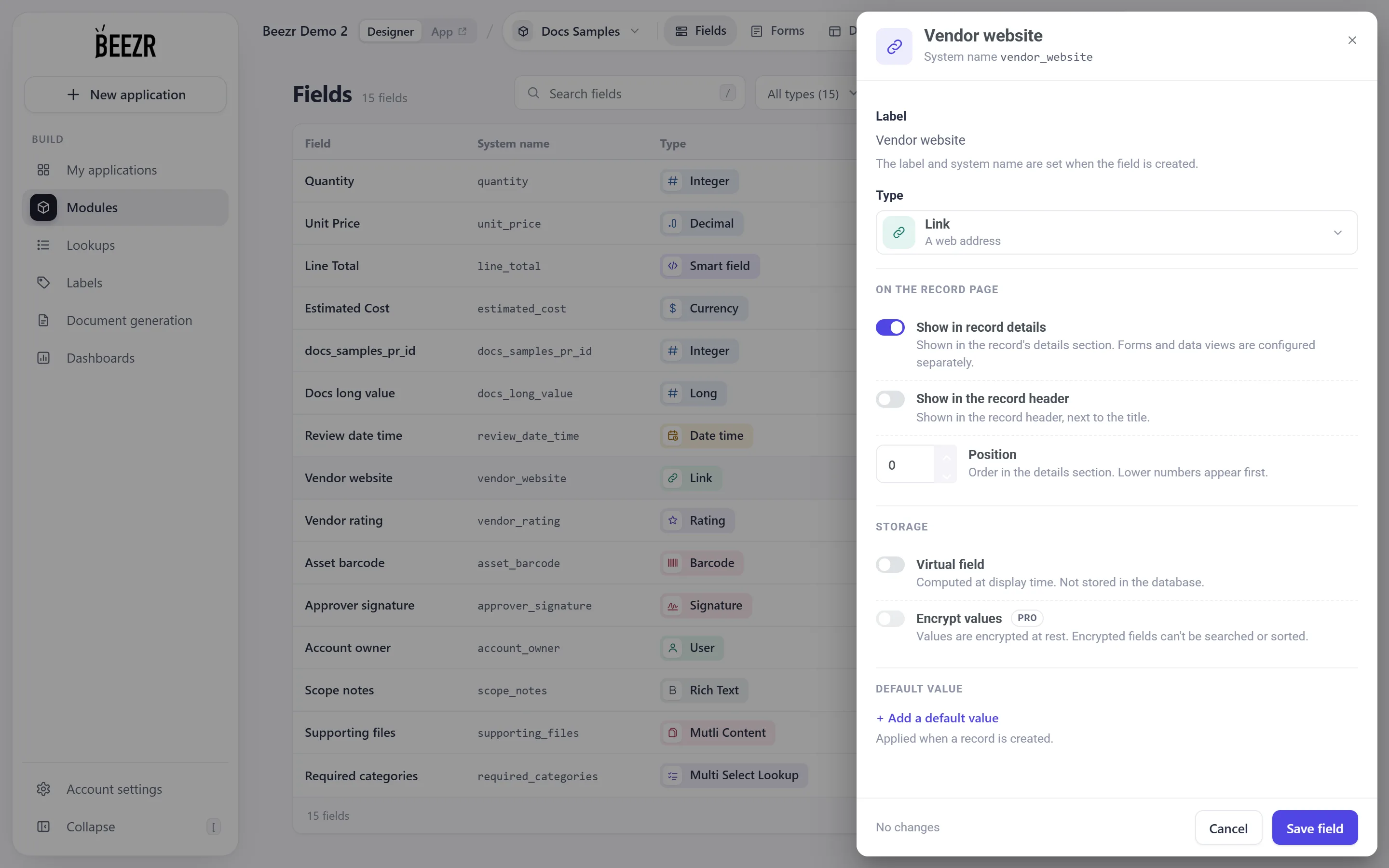 The Link field configuration and its type-specific settings.