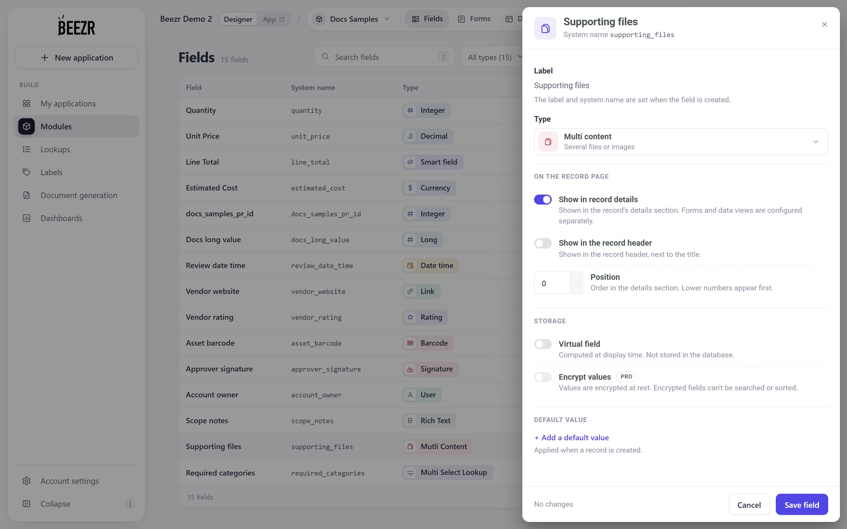 The Mutli Content field configuration and its type-specific settings.