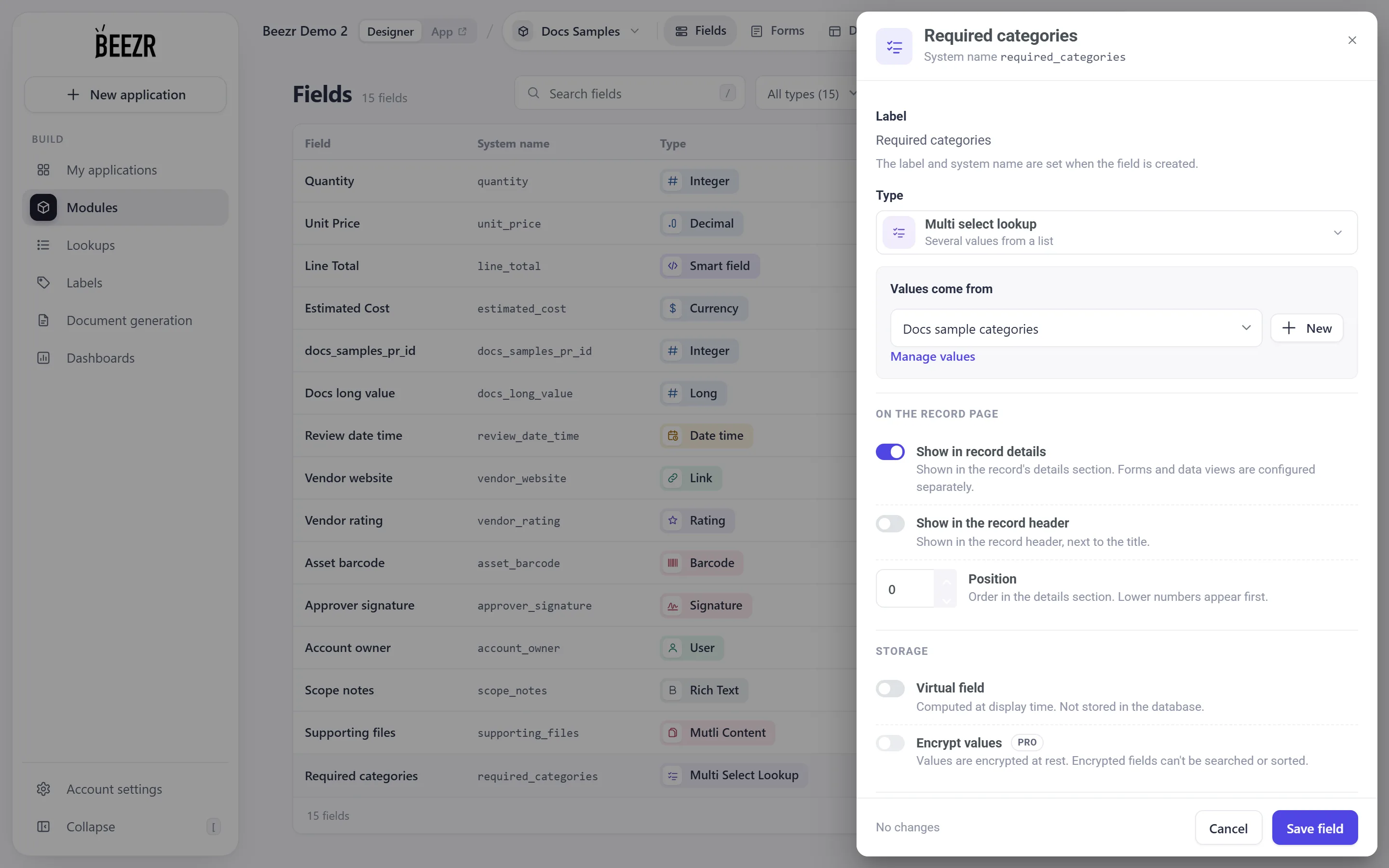 The Multi Select Lookup field configuration and its type-specific settings.
