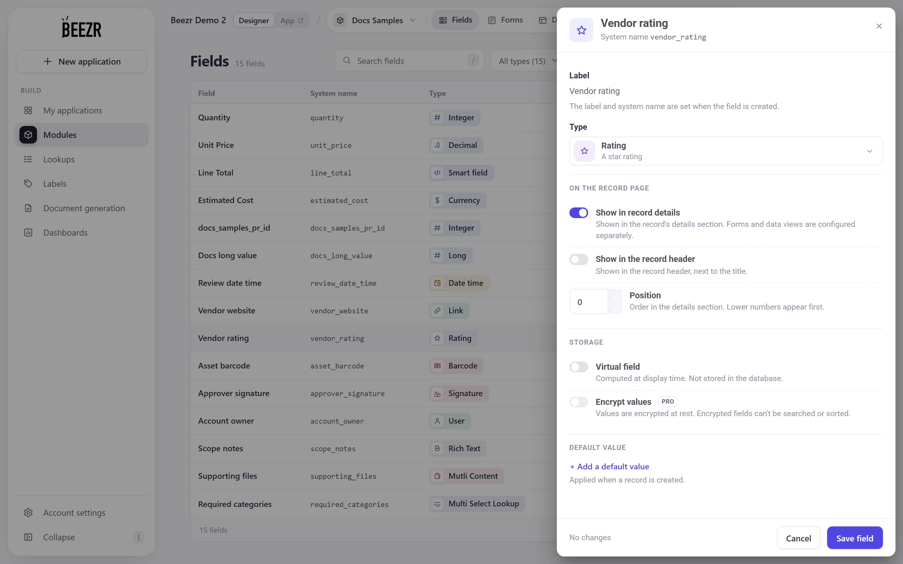 The Rating field configuration and its type-specific settings.