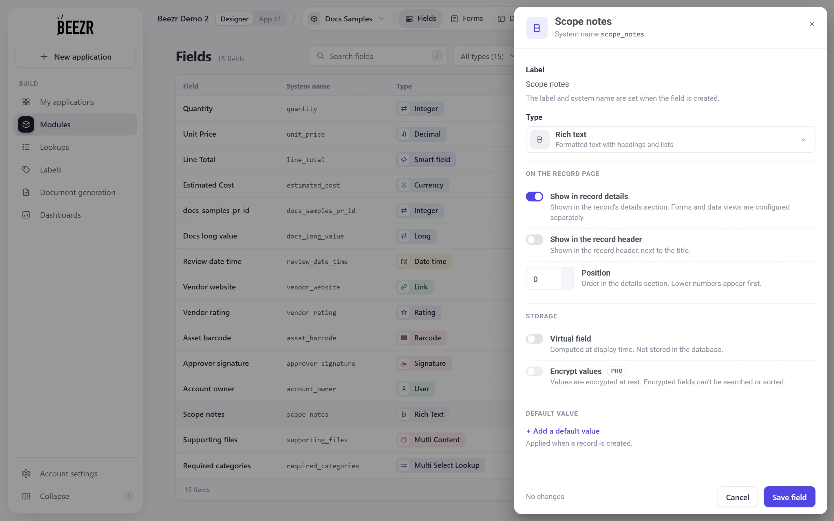 The Rich Text field configuration and its type-specific settings.