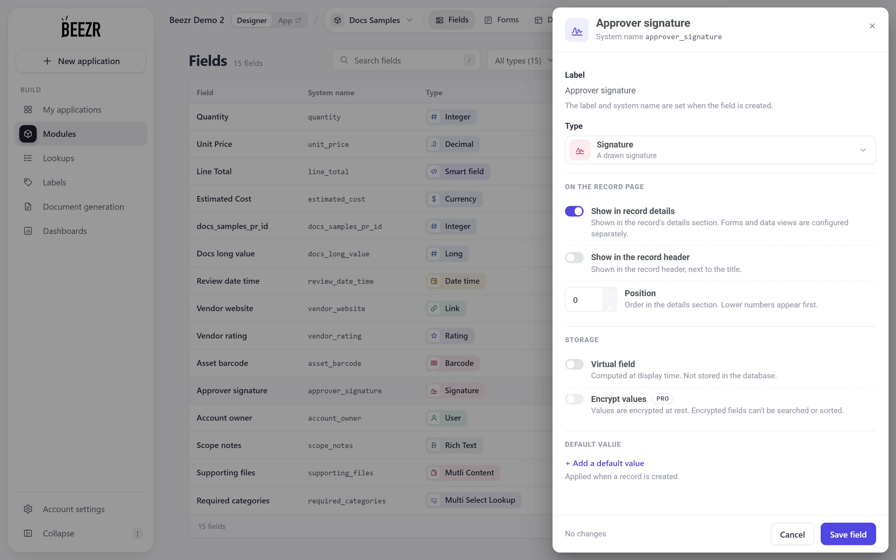 The Signature field configuration and its type-specific settings.