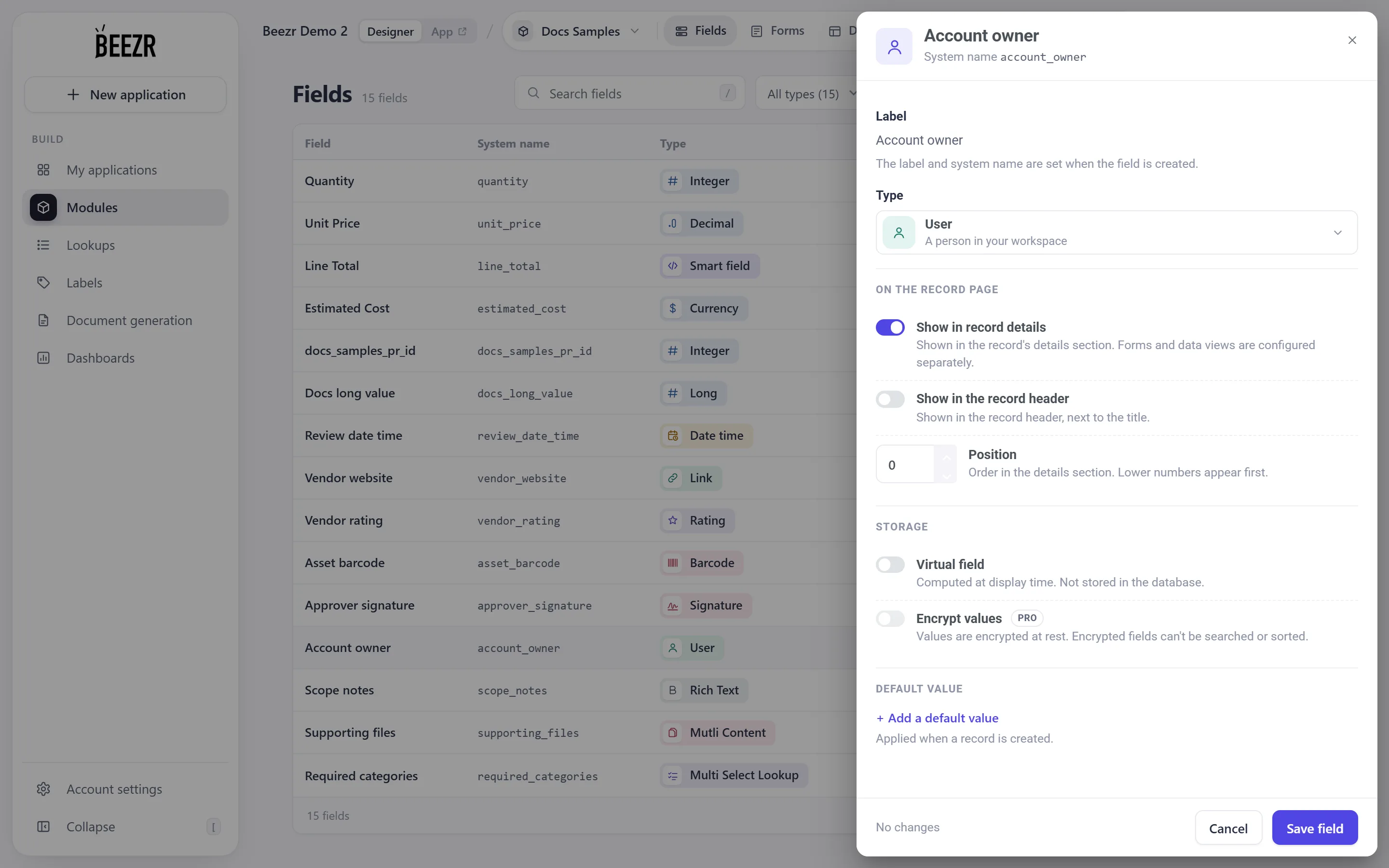 The User field configuration and its type-specific settings.