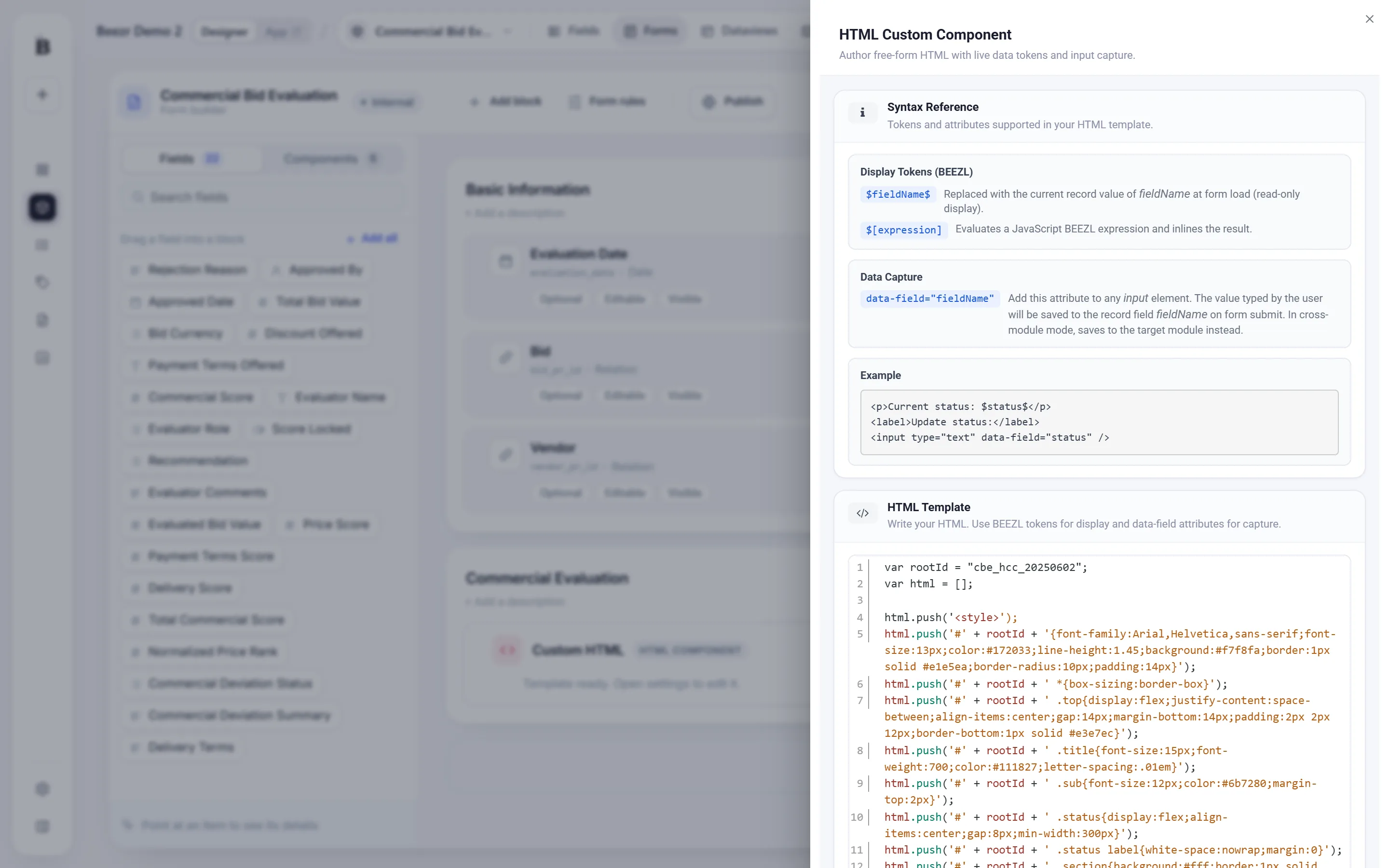 The HTML Custom Component panel: a Syntax Reference card, the HTML Template code editor, the Cross-Module Write switch and the Configuration Review card.