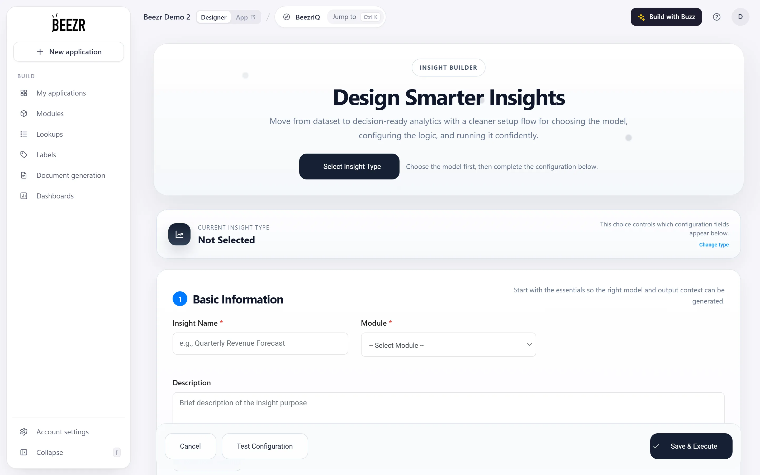 The Insight Builder with a Forecast chosen: Basic Information on top, Forecast Settings and Model Configuration below, and Cancel and Save & Execute at the bottom.