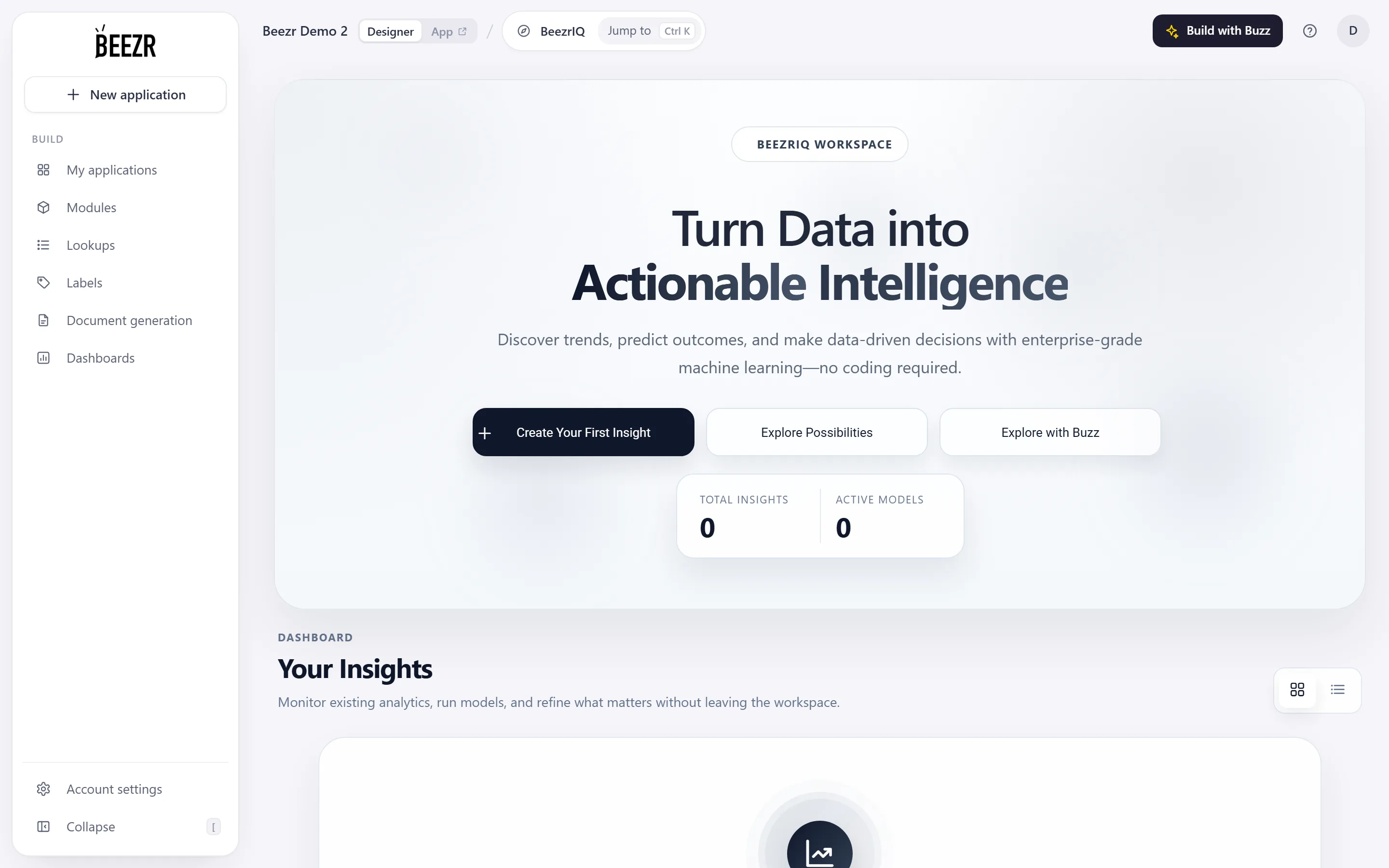 The BeezrIQ home page: a hero with Create Your First Insight, Explore Possibilities and Explore with Buzz, then a grid of insight cards with a type badge, a run, edit and delete icon, a date and an Active or Inactive status.
