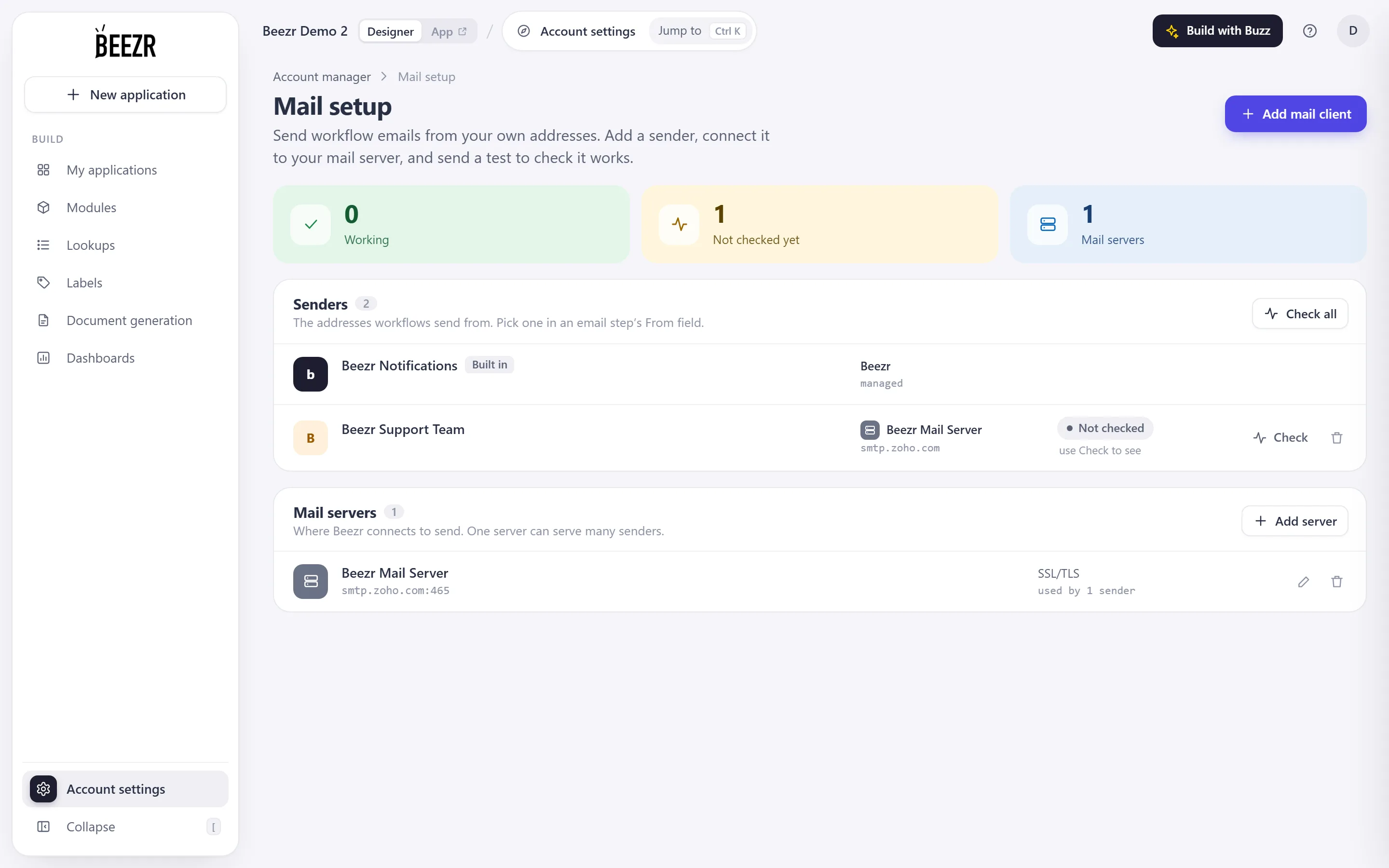 The Mail setup page with three counters, a Senders list that starts with Beezr Notifications, and a Mail servers list.