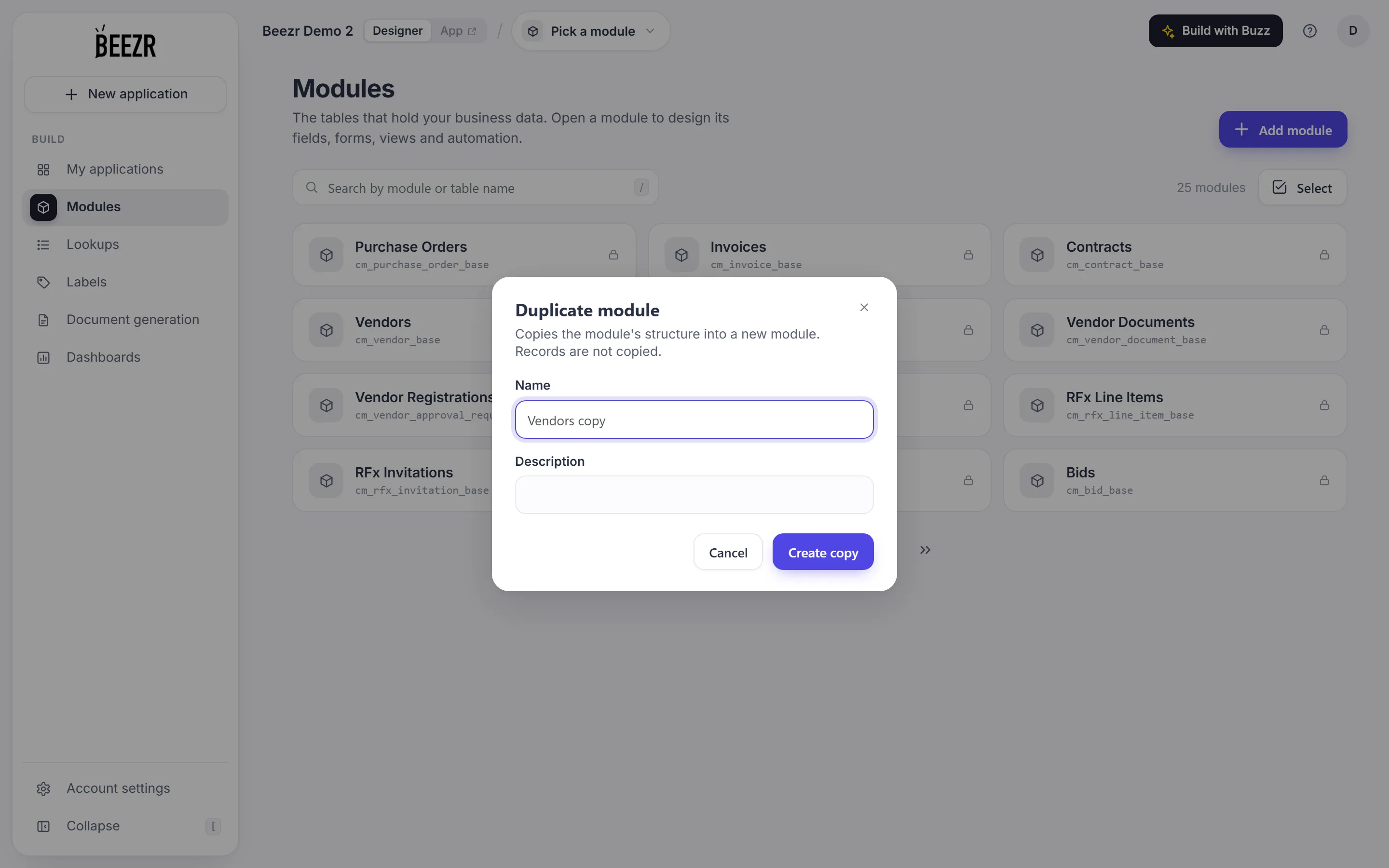 The Duplicate module dialog: the note 'Copies the module's structure into a new module. Records are not copied.', a Name box with 'Vendors copy', a Description box and the Cancel and Create copy buttons.