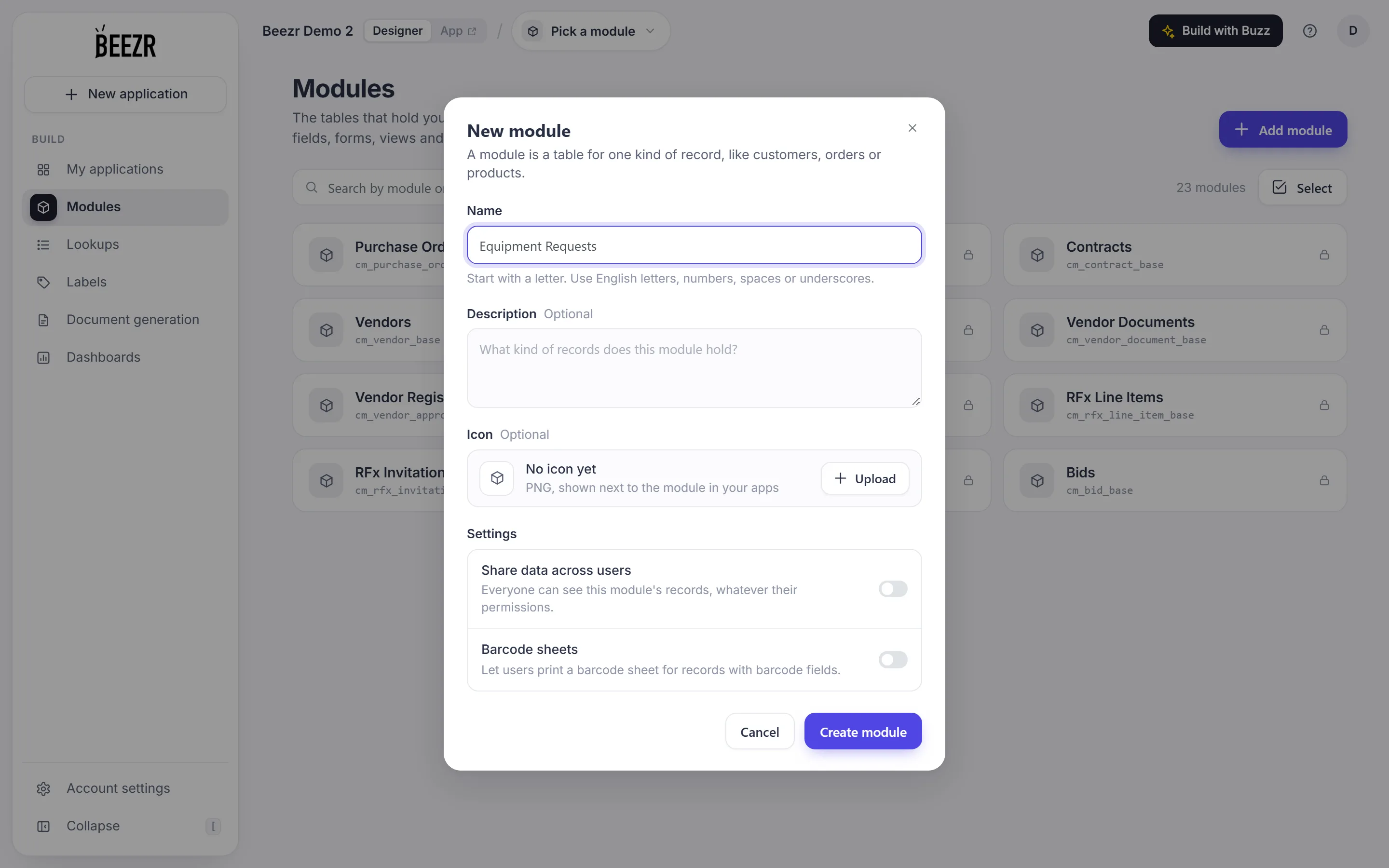 The New module dialog on the Modules page, with the name Equipment Requests typed and the Create module button ready.