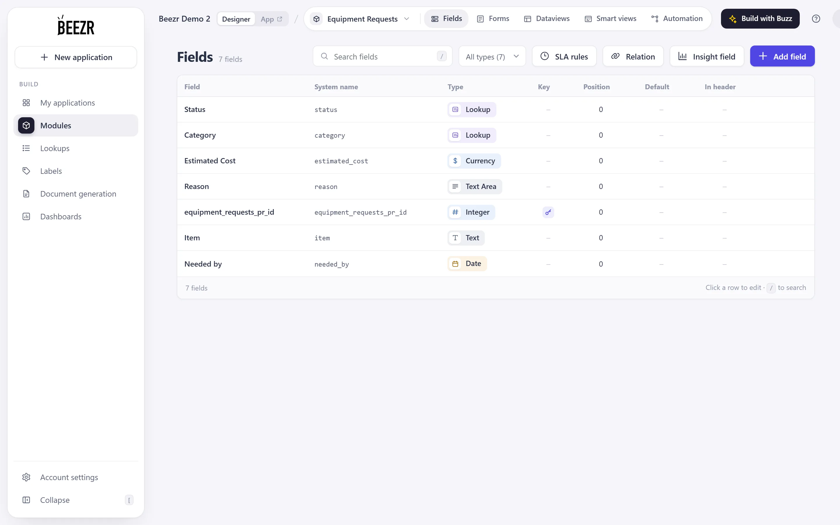 The Fields page for Equipment Requests listing Item, Category, Reason, Needed by, Estimated cost and Status below the key field.