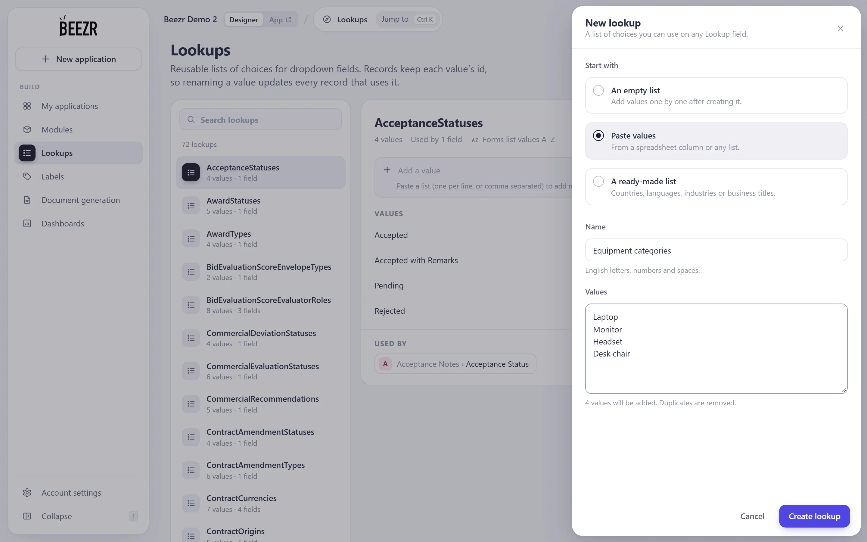 The New lookup panel on the Lookups page with Paste values chosen, the name Equipment categories and four values typed, one per line.