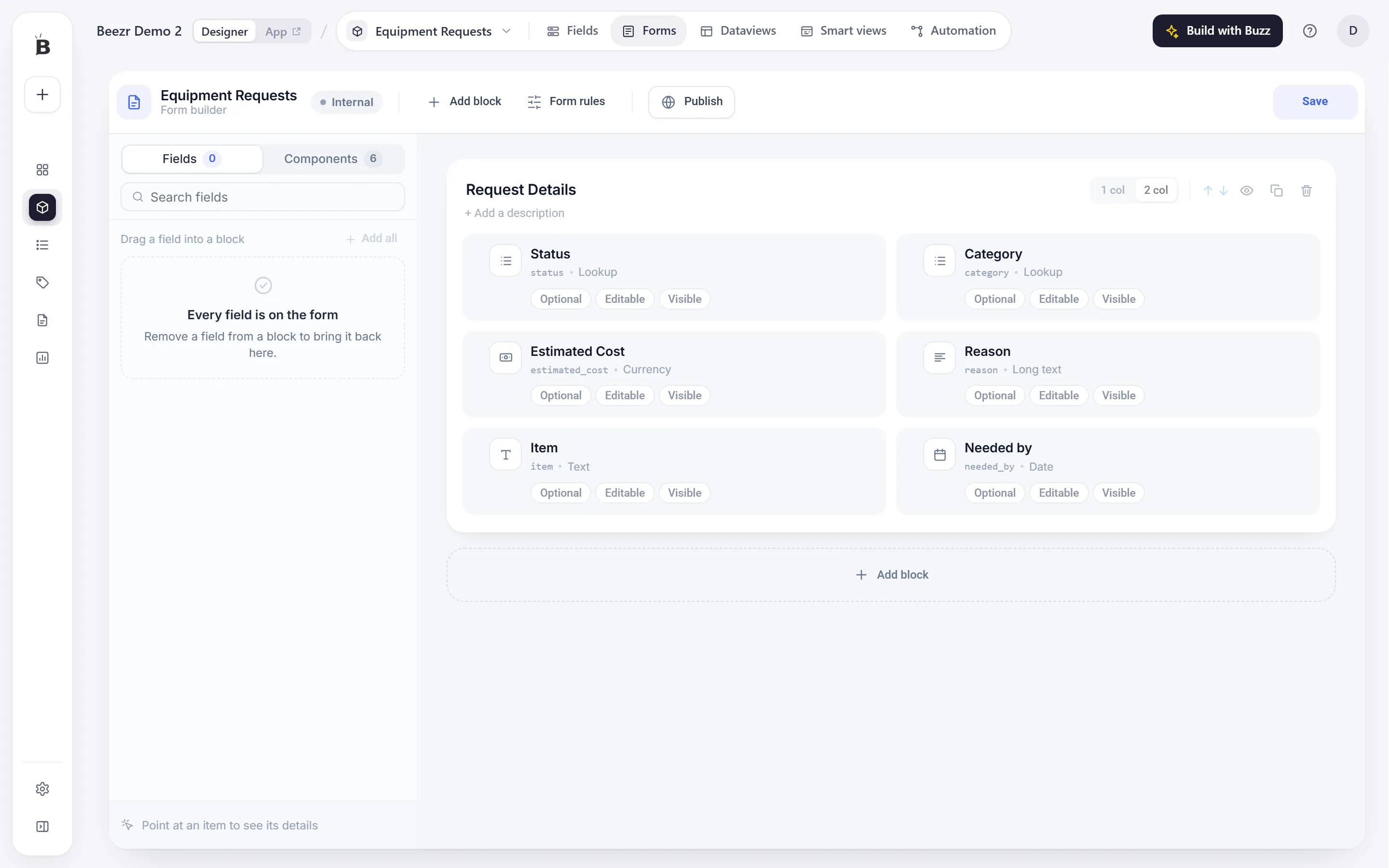The form builder for Equipment Requests with the six fields placed in the Request Details block.
